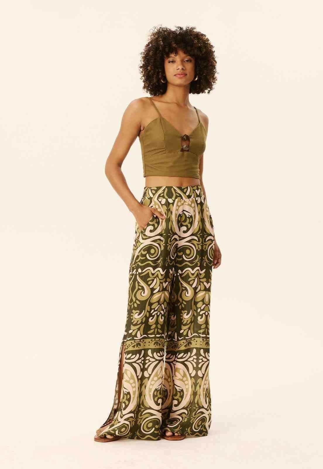 Calça Pantalona Com Pala Estampada Verde