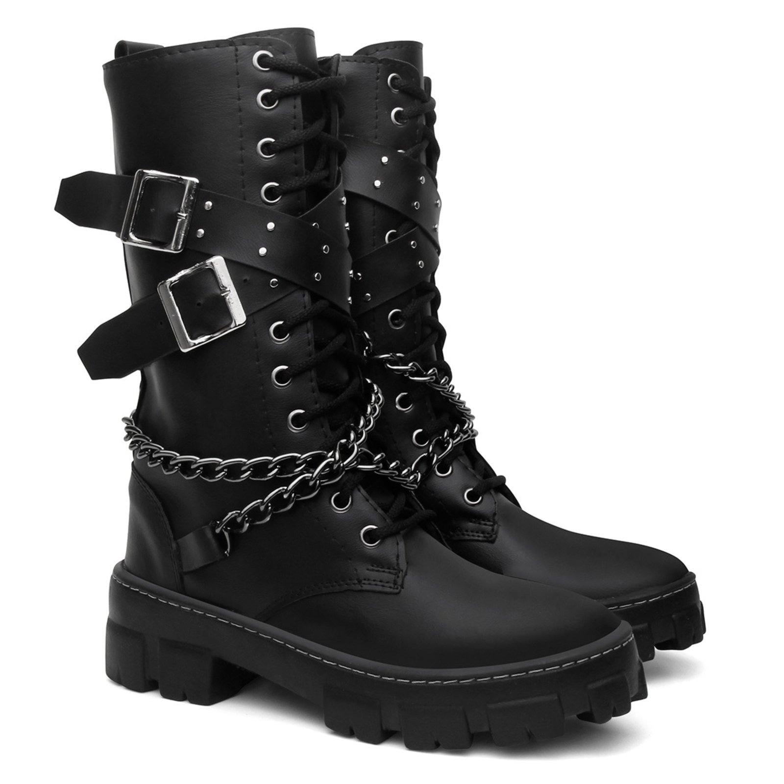 Coturno Feminino Casual Anna Andrade Bota Cano Alto Tratorada Amarrar Tendência Preto