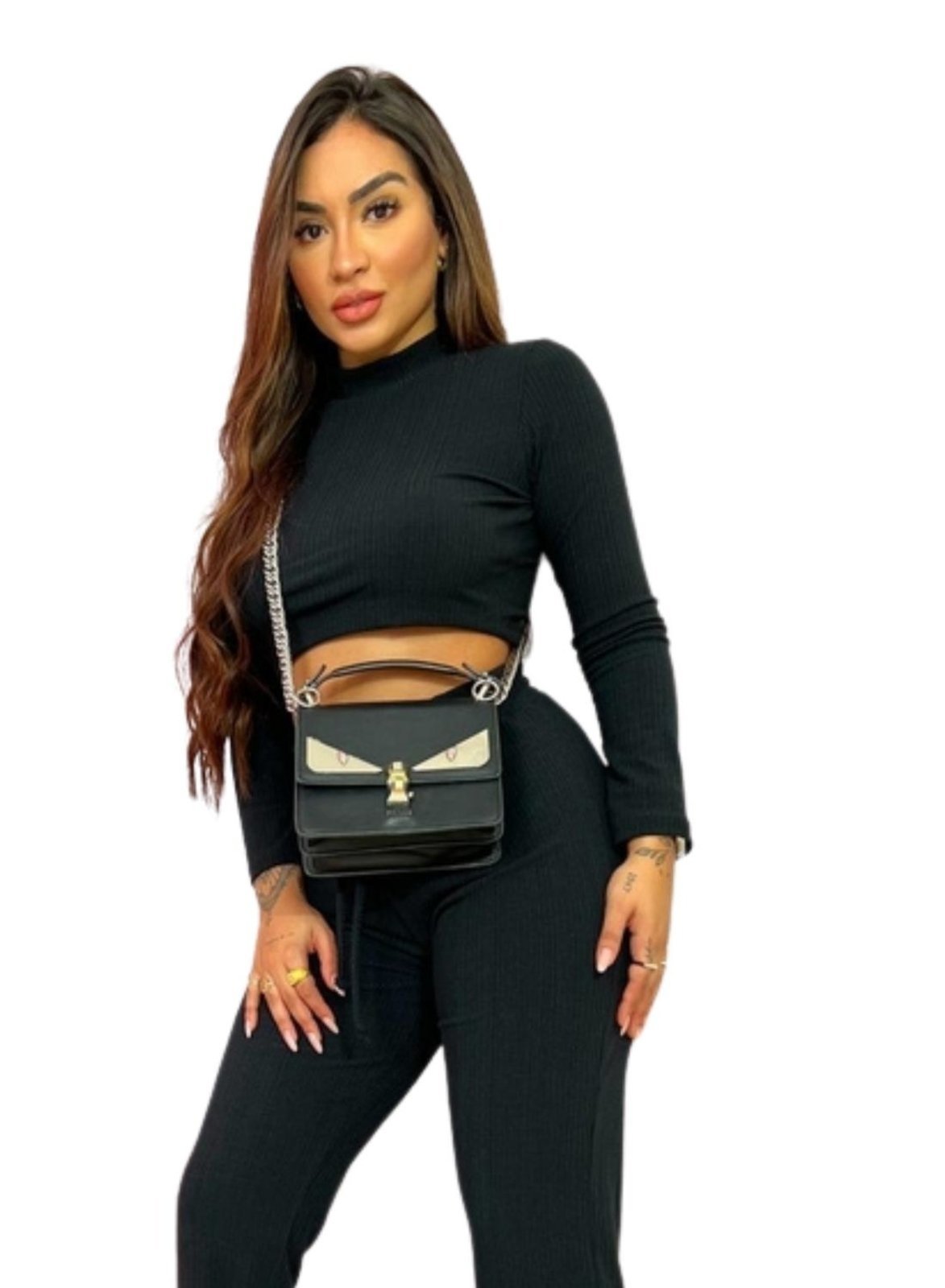 Cropped Canelado Manga Longa Gola Alta