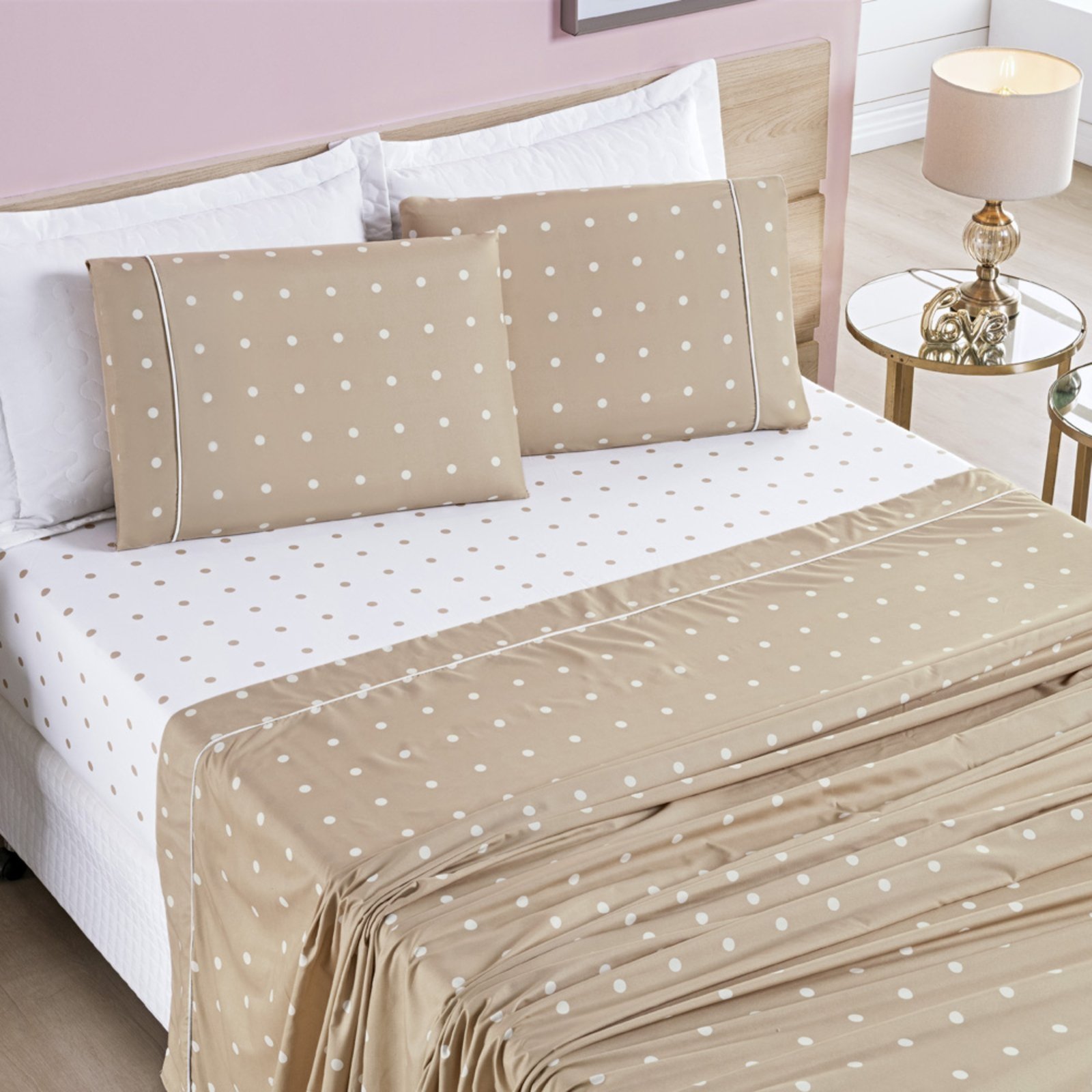 Jogo Cama Lençol Casa Scarpa Meggy Poá King Bolinhas Micropercal 200 Fios 4 Peças - Bege
