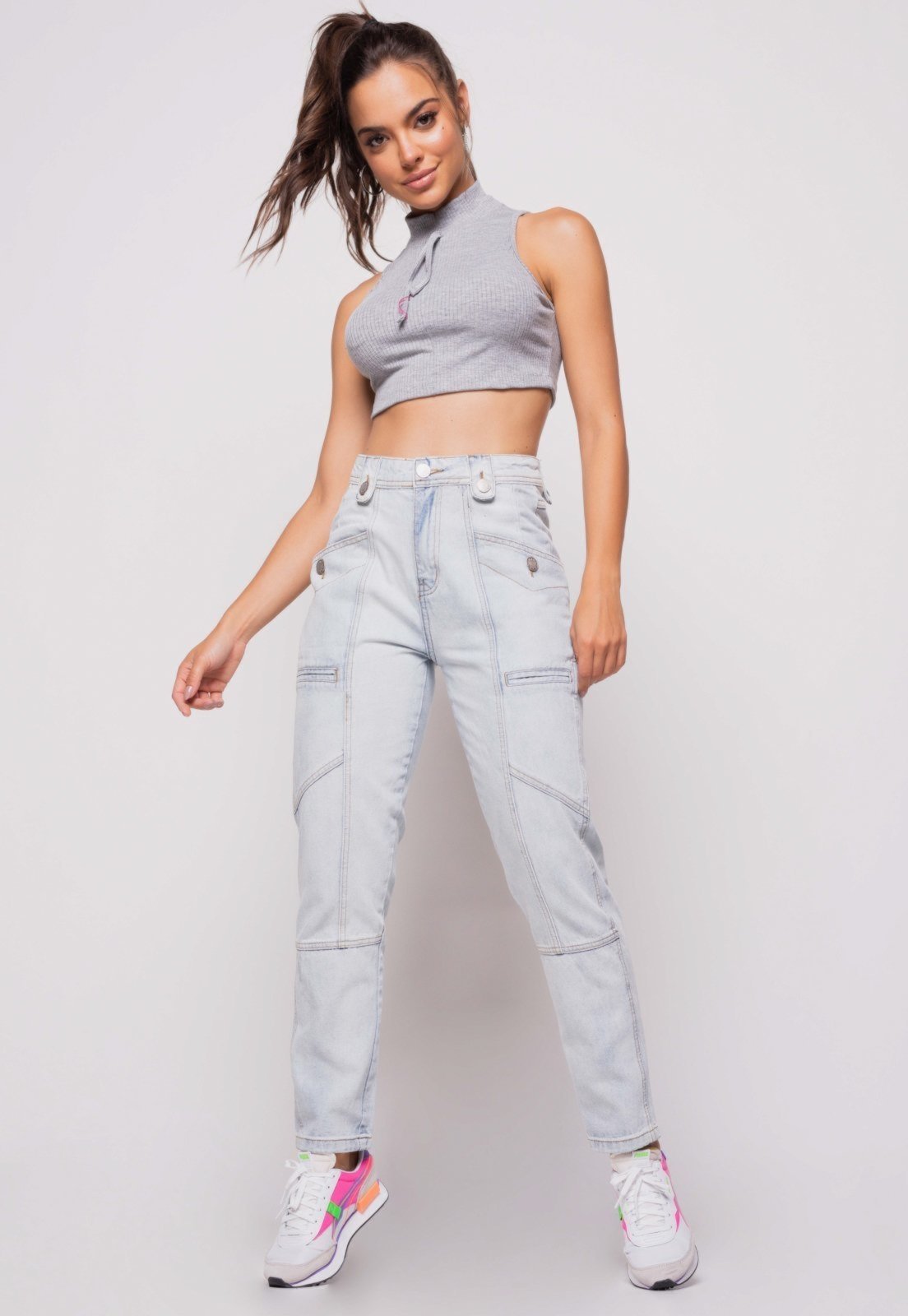Vista 3 Cropped Salvatore Regata Sport Cadarço Gola Malha Canelada Mescla Salvatore Fashion cinza Salvatore Fashion cinza
