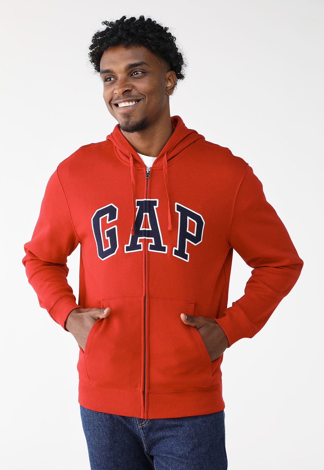 Blusa de Moletom Aberta GAP Reta Logo Estampado Com Capuz Vermelha
