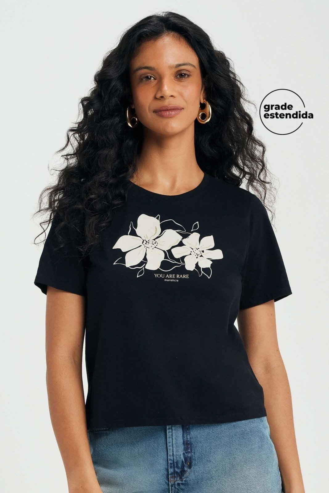 T-Shirt Feminina Floral Regular Marialícia Preto
