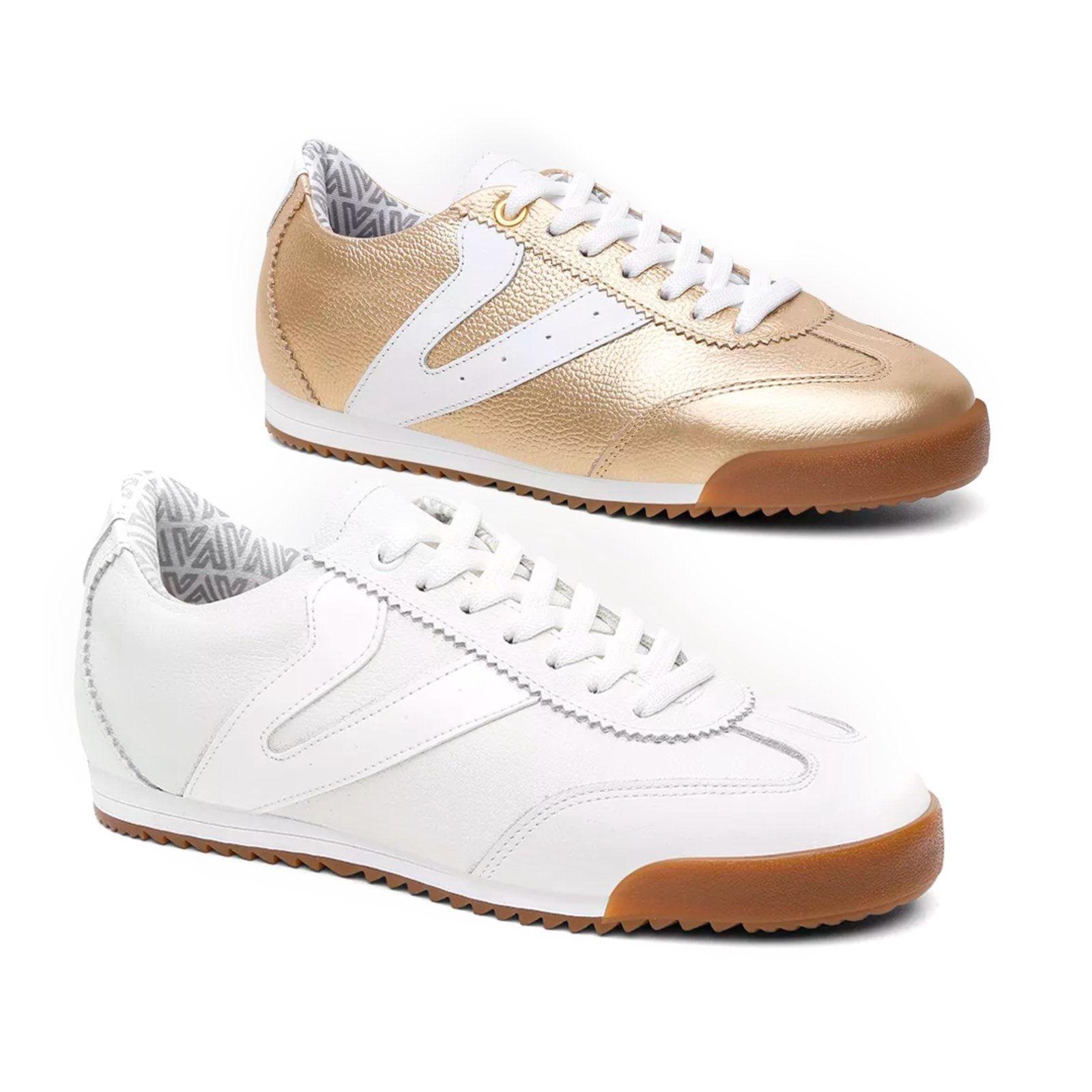 Vista 2 Kit 2 Tênis Feminino Vittal Couro Legítimo Naomi Casual Clássico Retrô OffWhite e Dourado USE VITTAL branco/dourado offwhite USE VITTAL branco/dourado offwhite