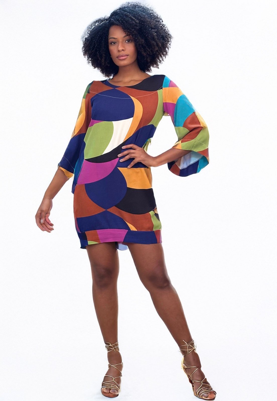 Vestido Curto Amazonia Vital Viscose Manga Ampla Balli Jardim Azul