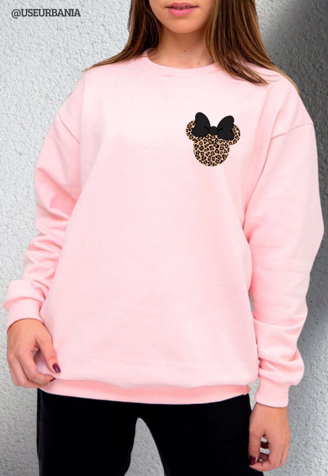 Blusa de Frio Moletom mooboo Flanelado Estampado Gola Redonda Moleton urbania Clássico Gola Careca Casaco Blusão Premium Rosa claro mescla Estampa Onça laço