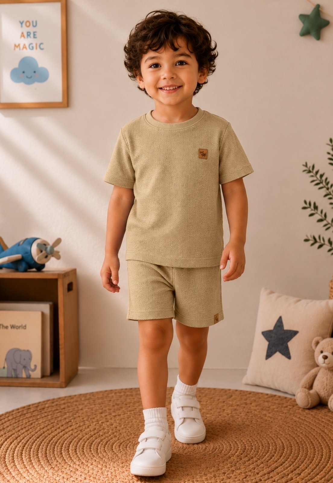 Infantil - Conjunto Menino Camisa e Bermuda Tecido Texturizado Daze Modas Bege
