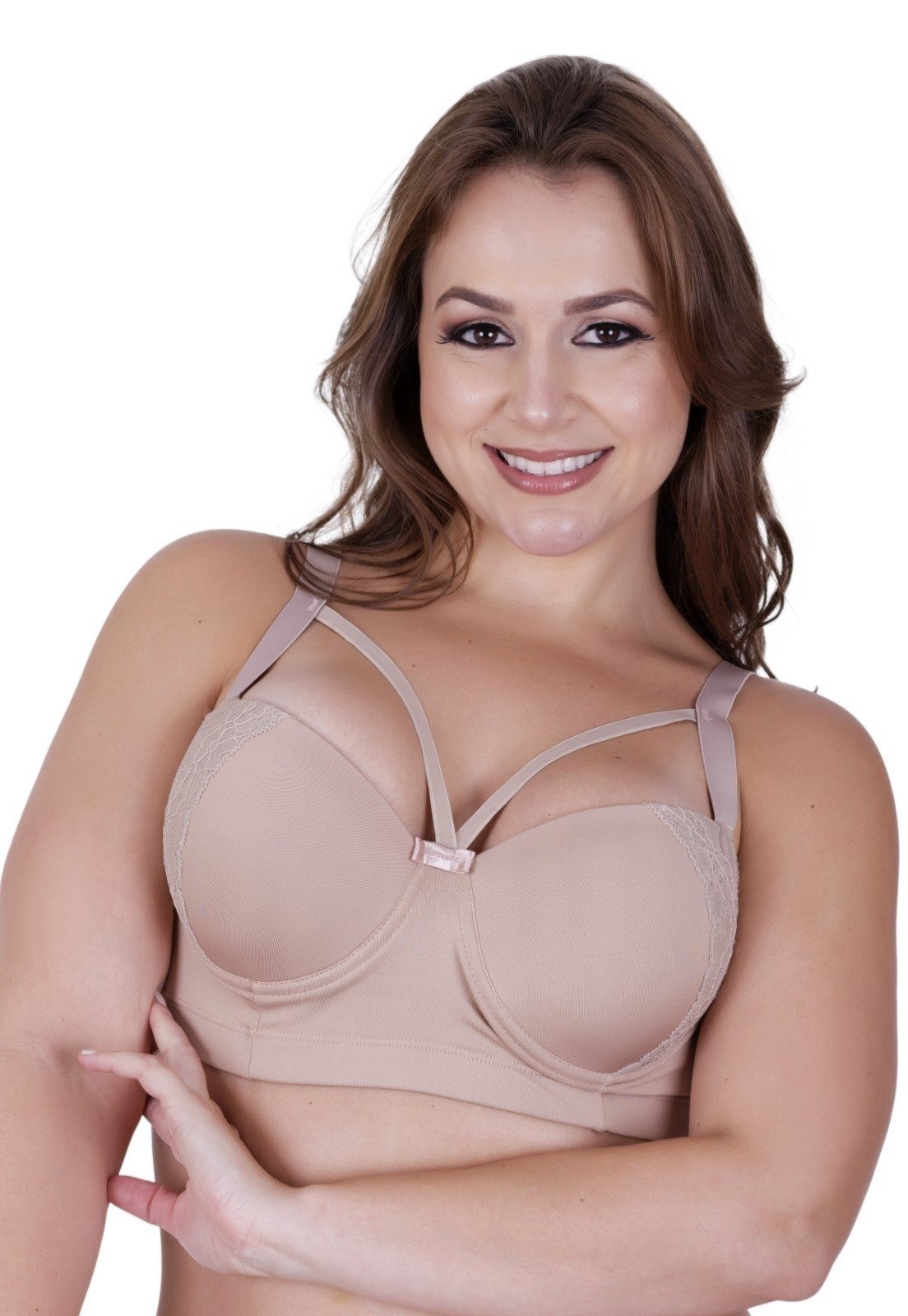 Sutiã Plus Size com Tirinhas e Detalhe em Renda Strappy Terra e Mar Bege