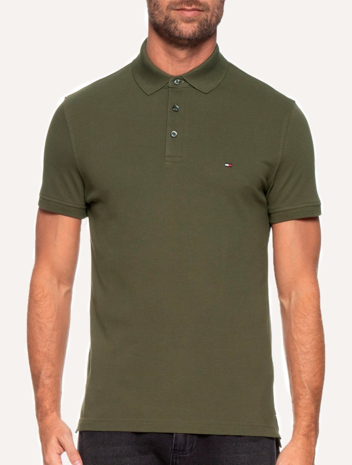 Vista 2 Polo Tommy Hilfiger Masculina Slim Piquet 1985 verde militar Tommy Hilfiger verde militar