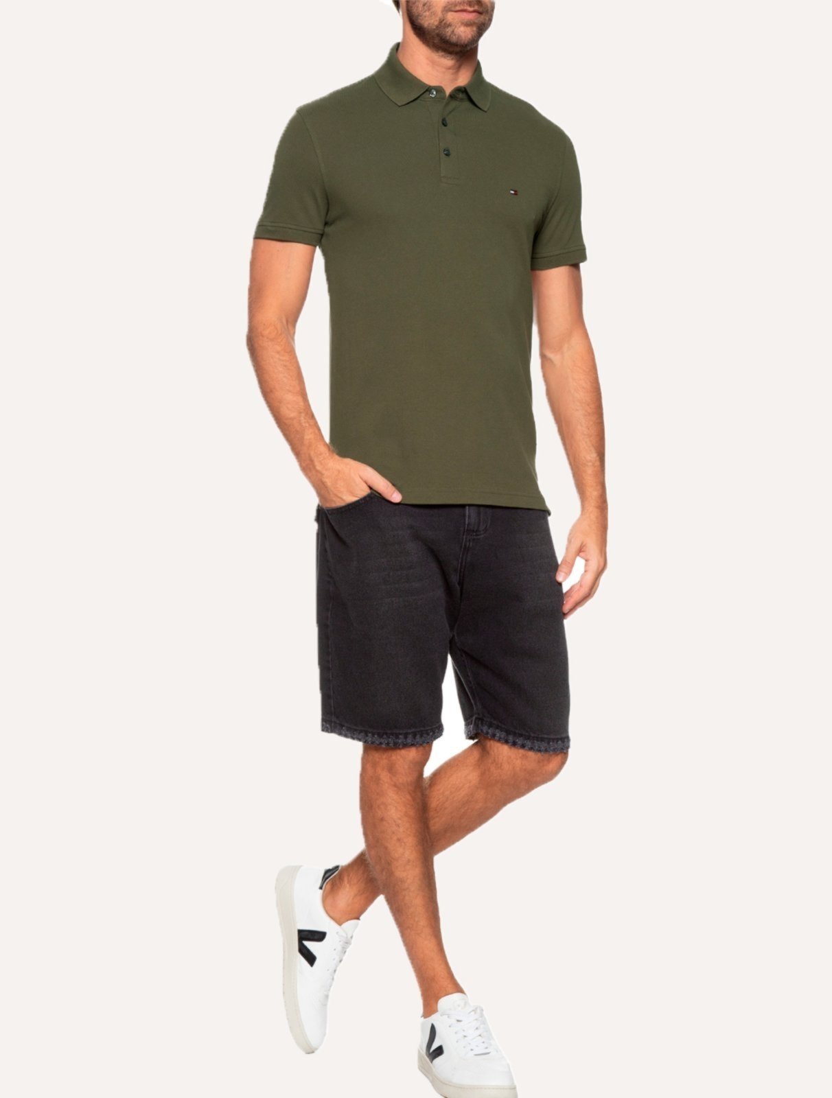 Vista 3 Polo Tommy Hilfiger Masculina Slim Piquet 1985 verde militar Tommy Hilfiger verde militar
