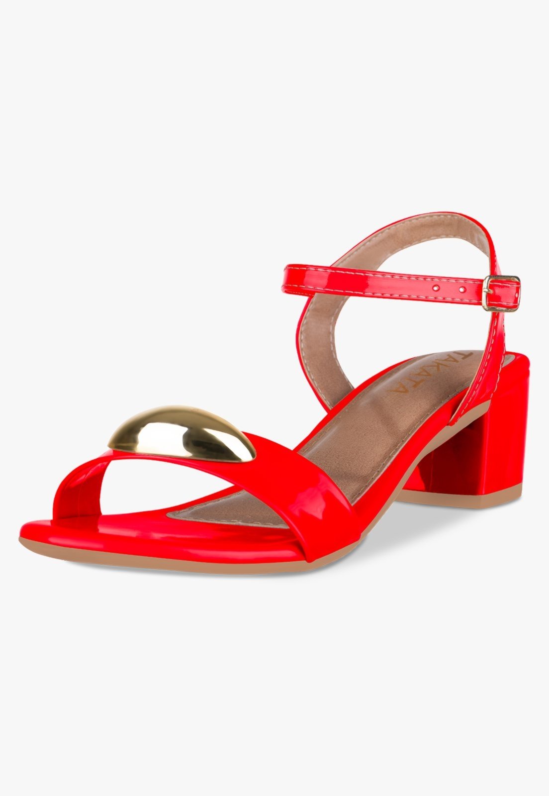 Sandália Feminina Salto Bloco Baixo Enfeite Metal Dourado Vermelho