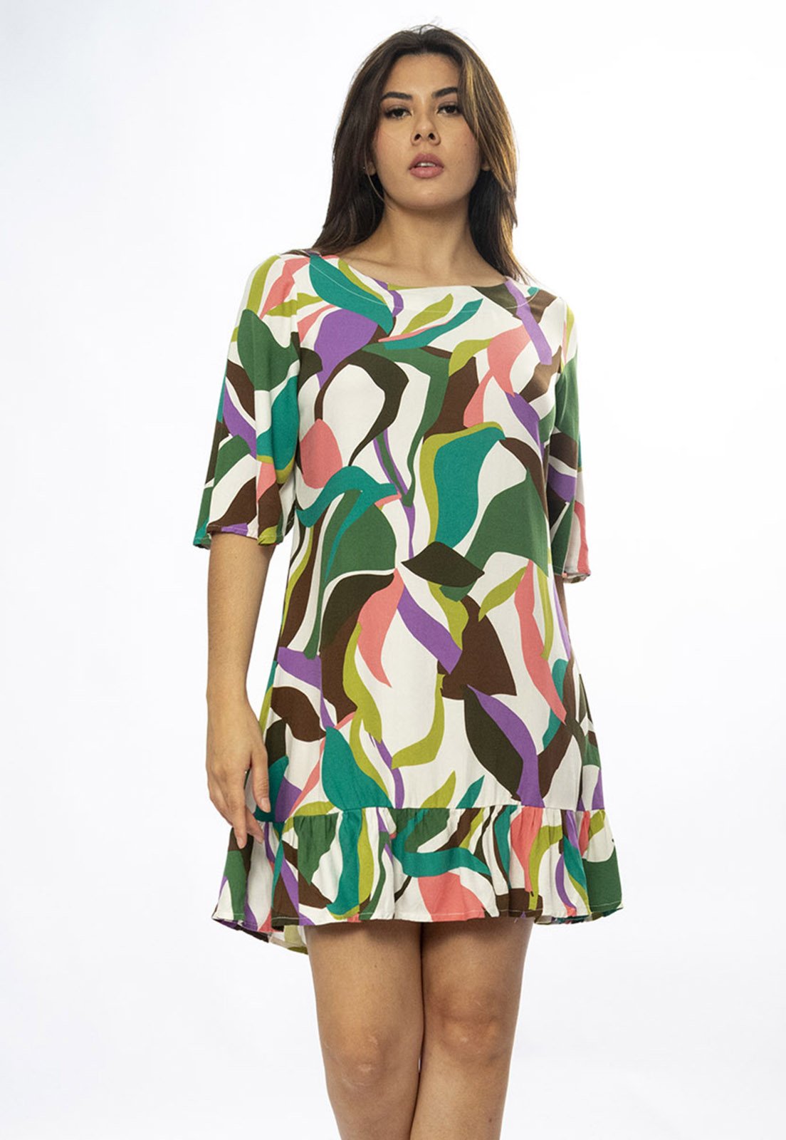 Vestido Curto Viscose Estampa Encanto Botânico