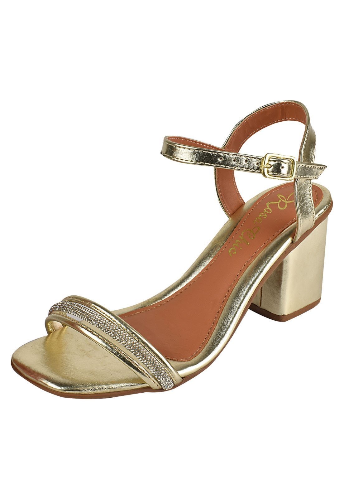 Sandália Salto Grosso Rosa Chic Calçados Feminino Salto Alto Bloco Brilho Strass Bico Quadrado Dourado