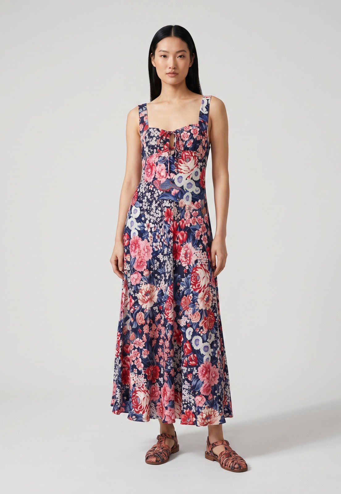 Vestido Feminino FARM Longo Floral Azul Marinho