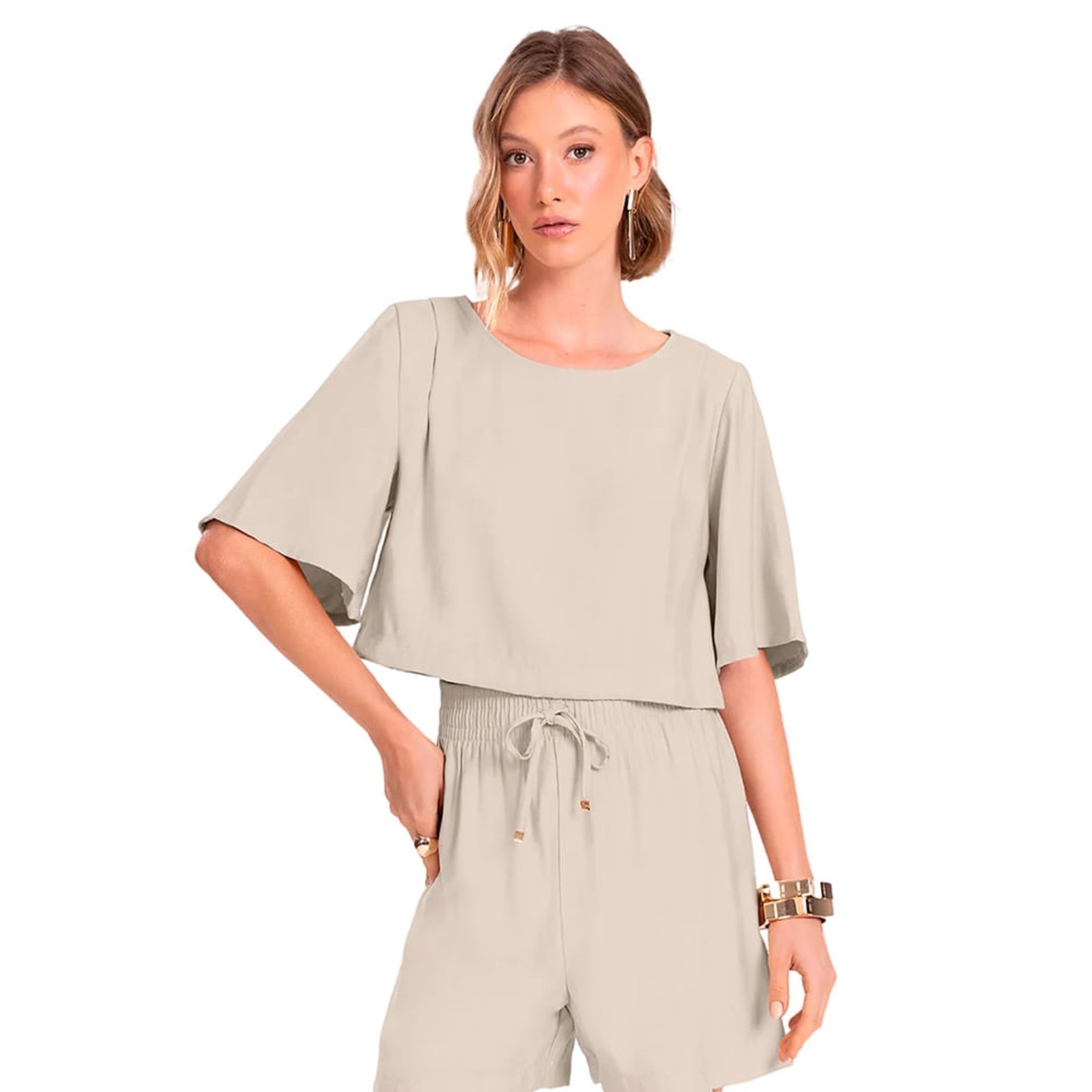 Blusa Feminina Endless Alfaiataria Manga Curta Bege Claro