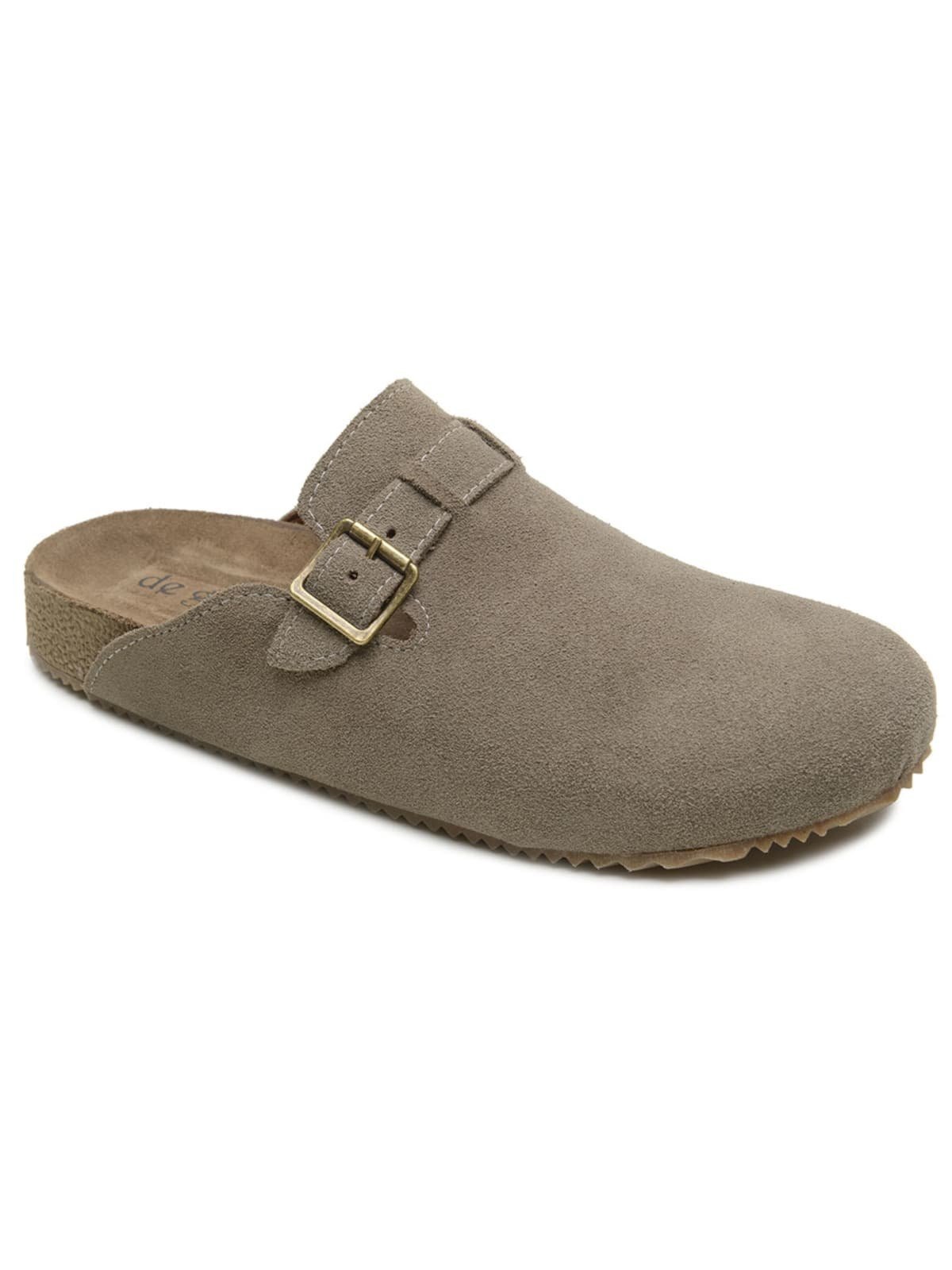 Sandália Clog Feminina Couro Genuíno Fivela Ajuste Conforto Cinza