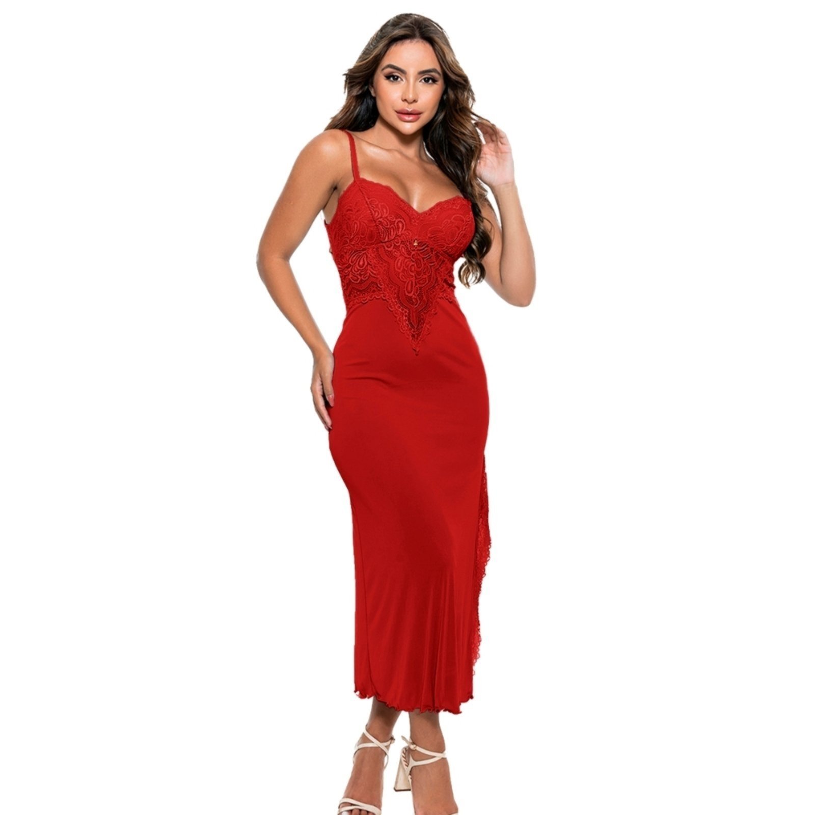 Camisola Longa Gabi Lingerie Rendada Sensual Sem Bojo Pijama Microfibra Vermelho