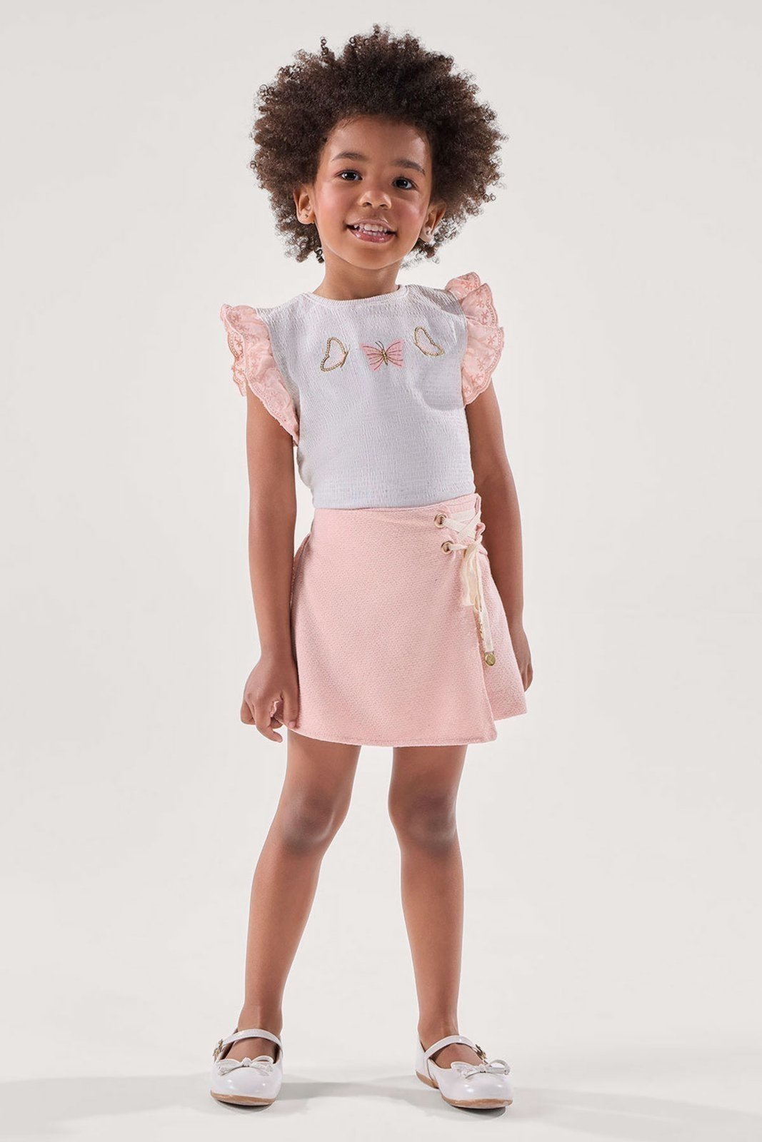 Infantil - Conjunto Blusa em Malha Texturizada com Short-Saia Rosa