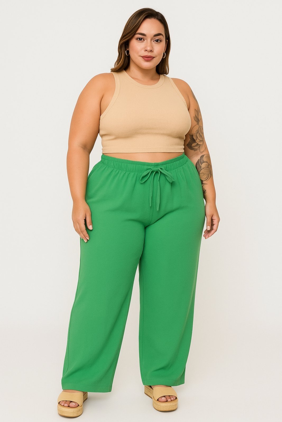 Calça Pantalona Plus Size D Bell Outlet Fashion Feminina Duna Com Bolso Cintura Alta Verde