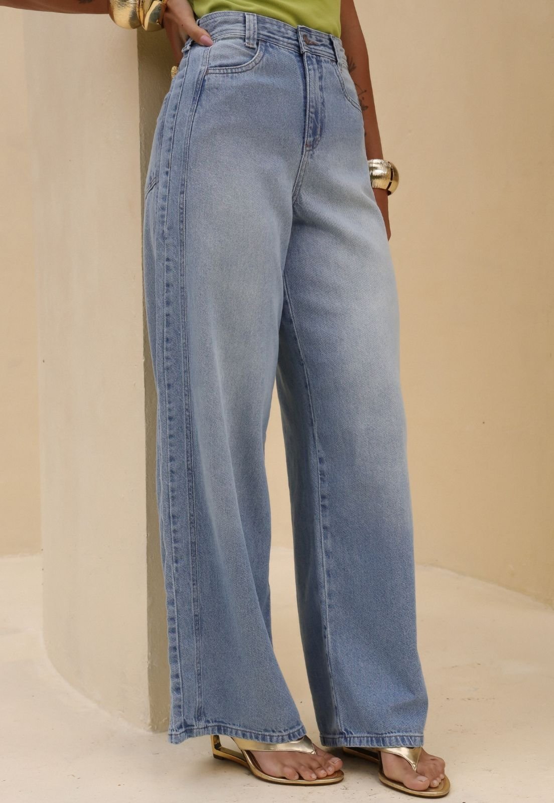 Calça Jeans Super Wide Leg Feminina Azul Claro Lemier Collection