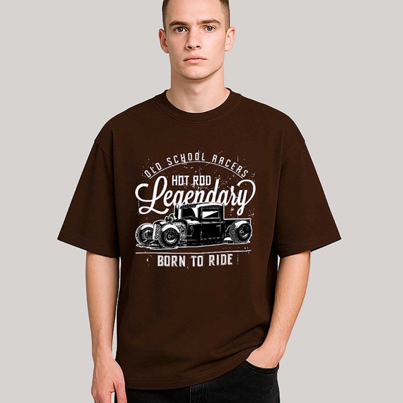 Vista 2 Camiseta Ousy Unissex Streetwear Old School Racers Hot Rod Born To Ride Visual Oversized marrom ousy marrom
