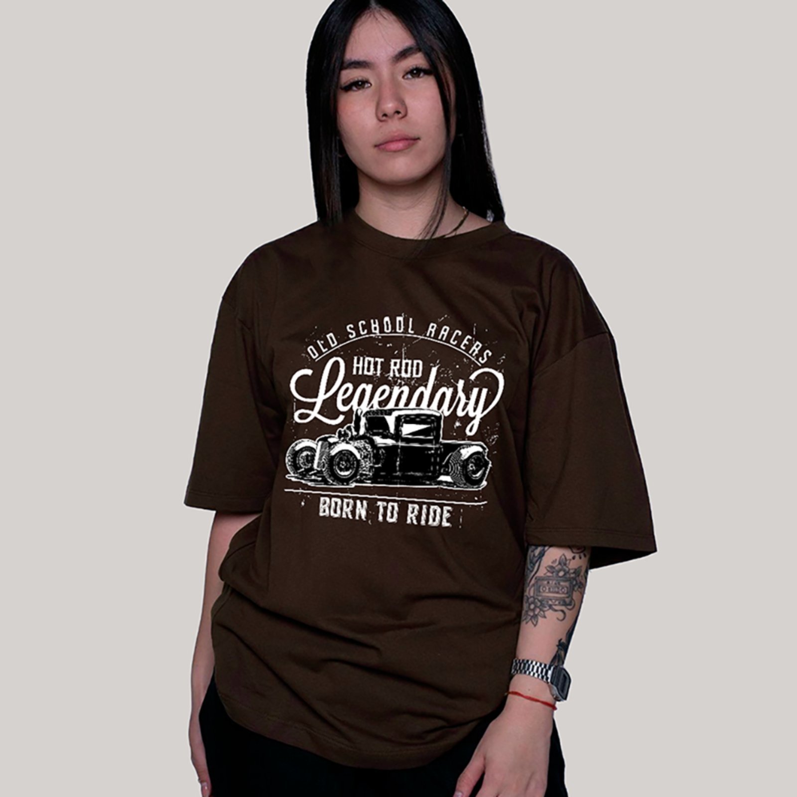 Vista 3 Camiseta Ousy Unissex Streetwear Old School Racers Hot Rod Born To Ride Visual Oversized marrom ousy marrom