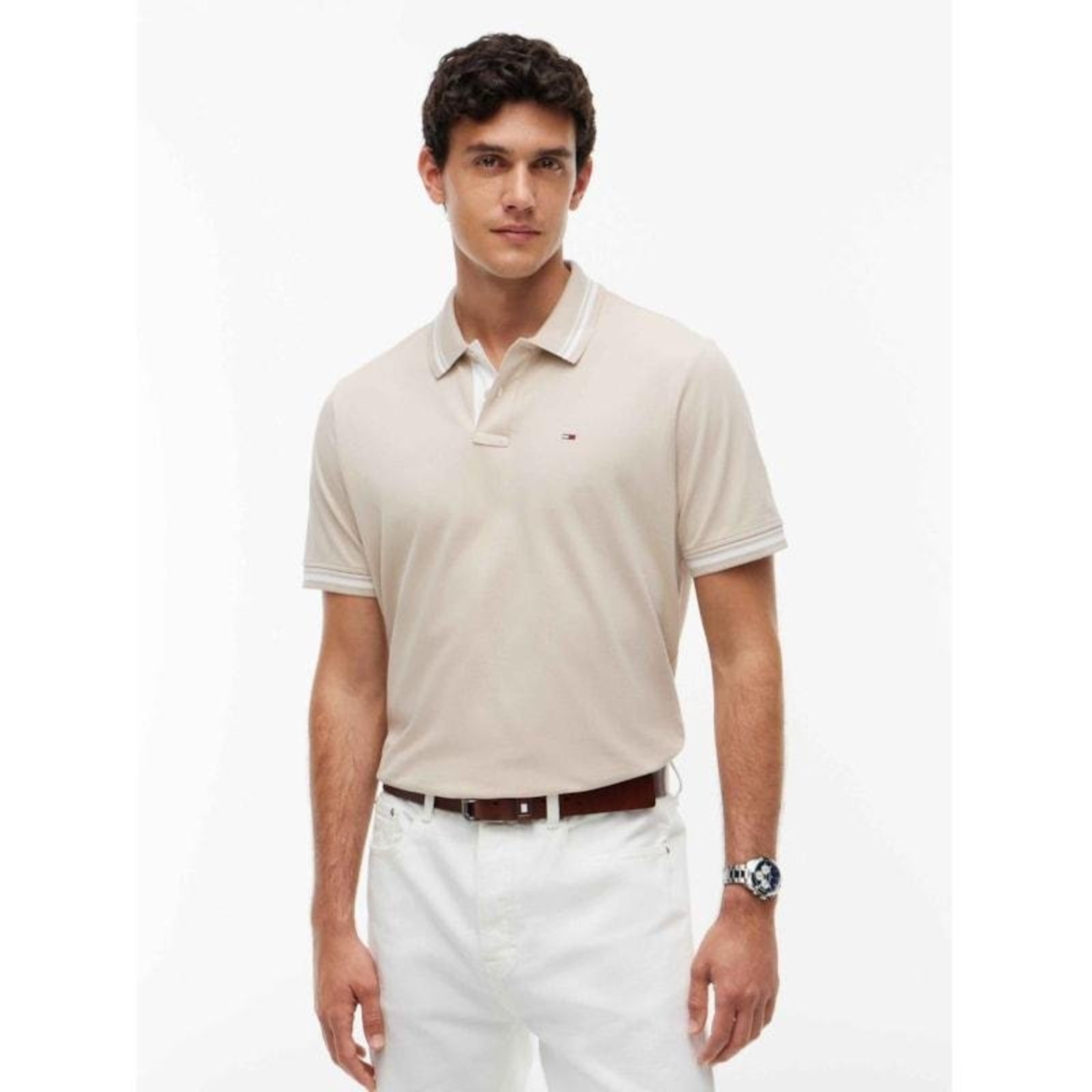 Camisa Polo Tommy Flag com Detalhes Bordados Bege