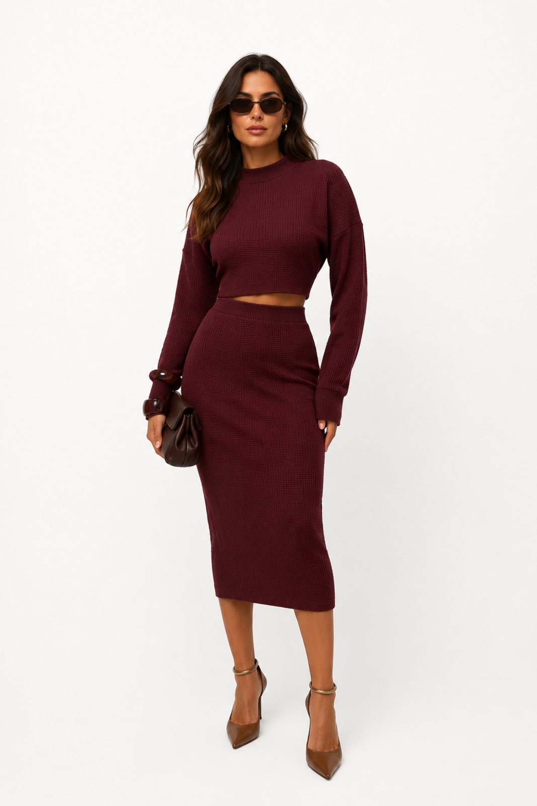 Conjunto Feminino D Bell Outlet Fashion Cropped e Saia Marsala
