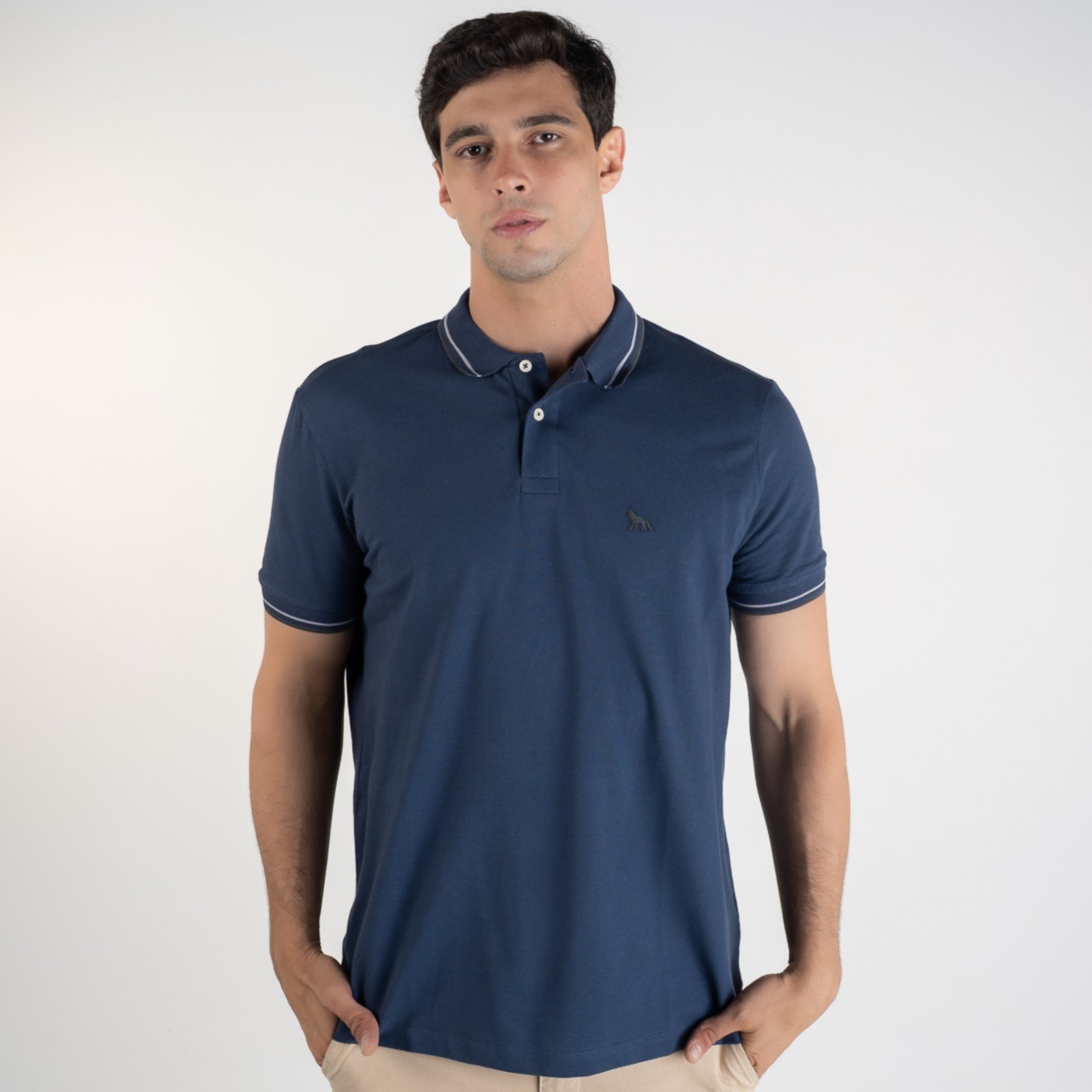 Camisa Polo Acostamento Piquet Frisos Azul Navy