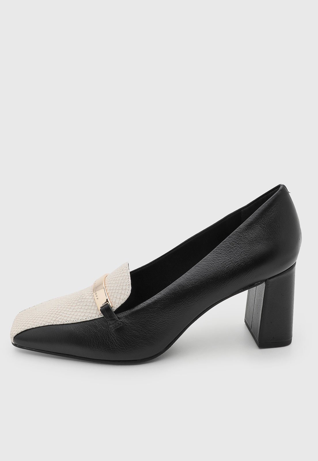 Scarpin Jorge Bischoff Couro Bico Quadrado Lezard Salto Quadrado Preto