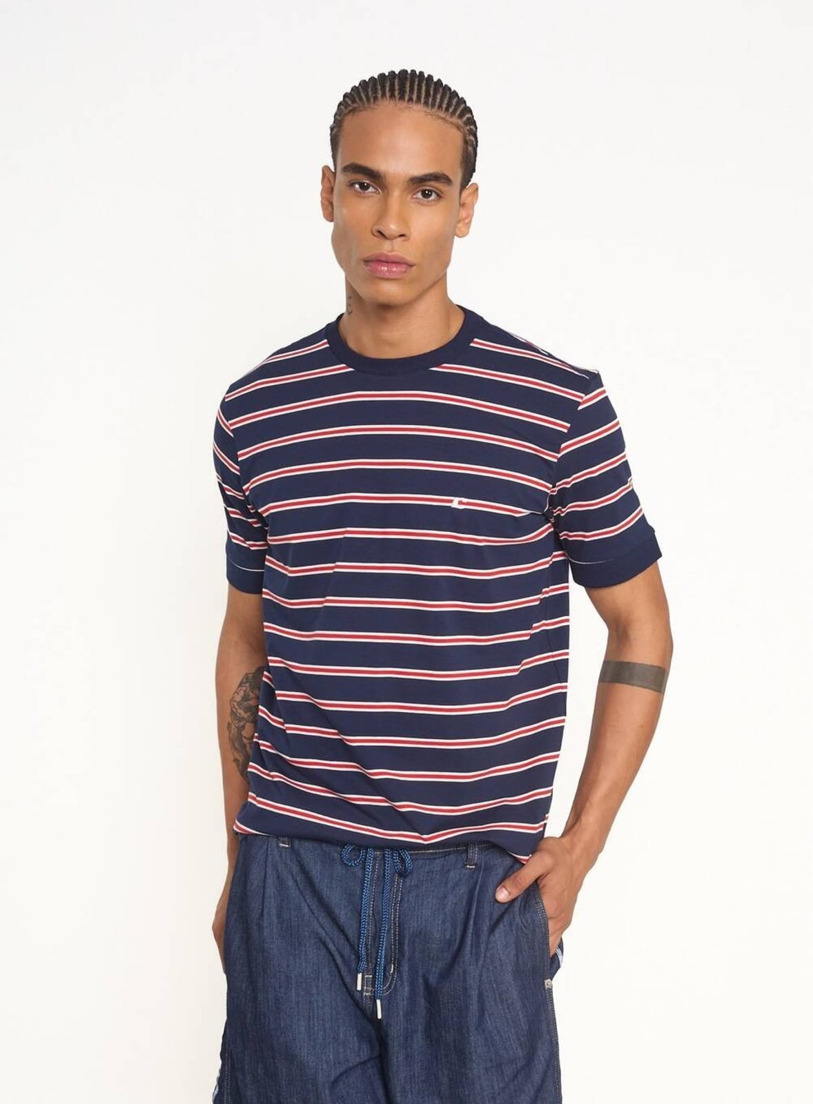 Camiseta Masculina New Slim Listrada Azul/Vermelho