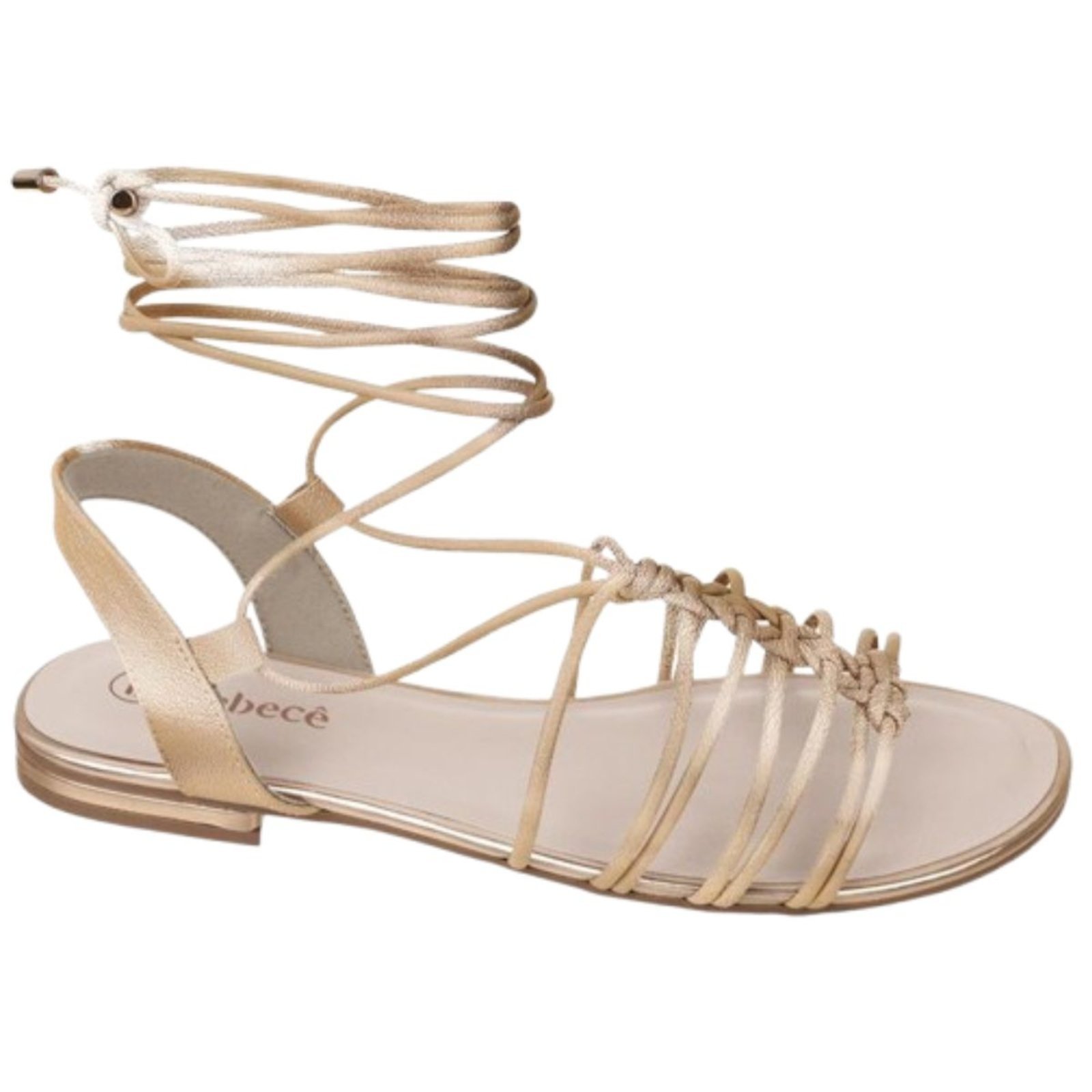 Sandália Feminina Rasteira Flat Dourada Amarração Santa Rosa
