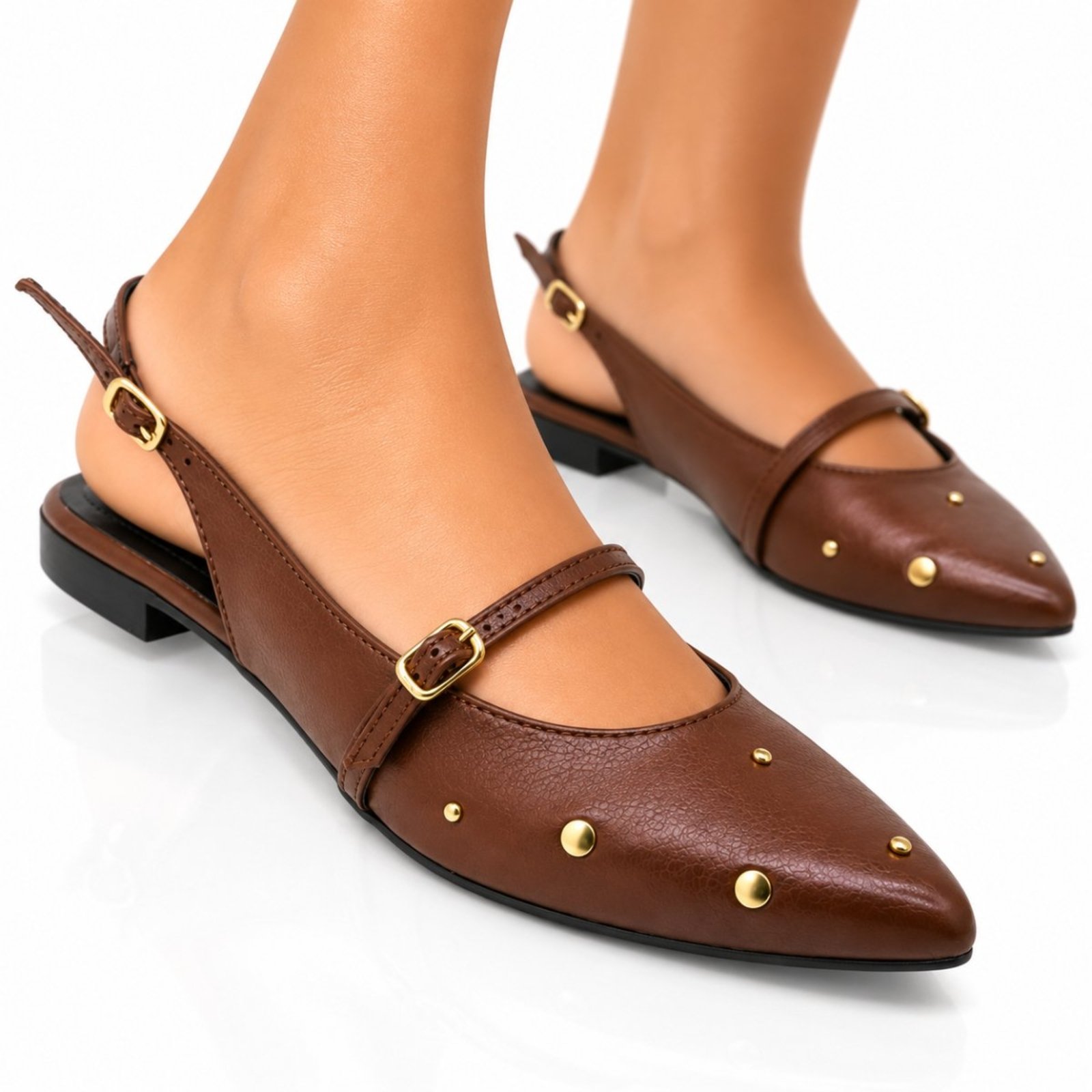 Sapatilha Slingback Sete Sales Cacau Rasteira Bico Fino Com Tachas Douradas 184104