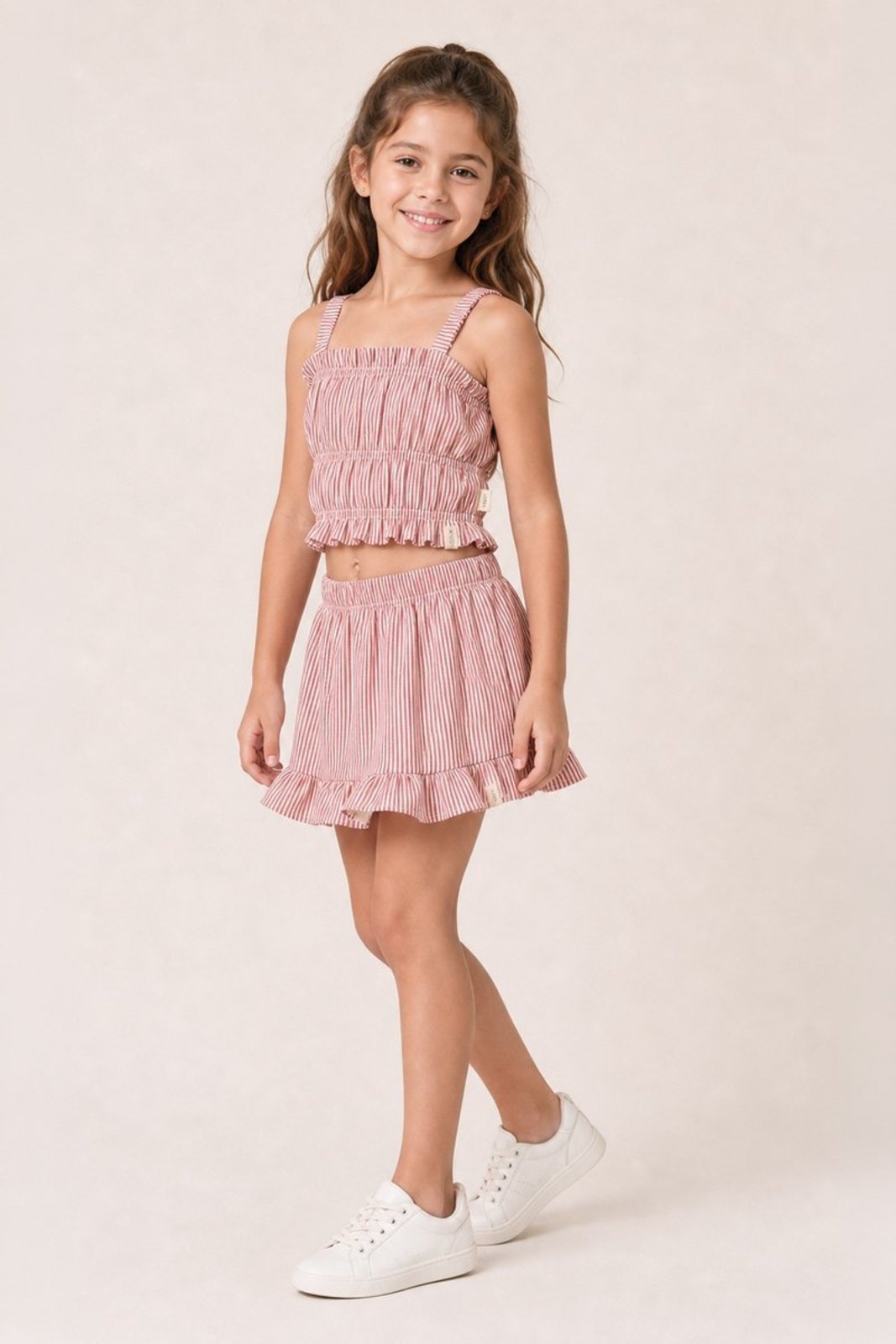 Infantil - Conjunto Bugbee Menina Top e Shorts em Suedine Listrado Vermelho