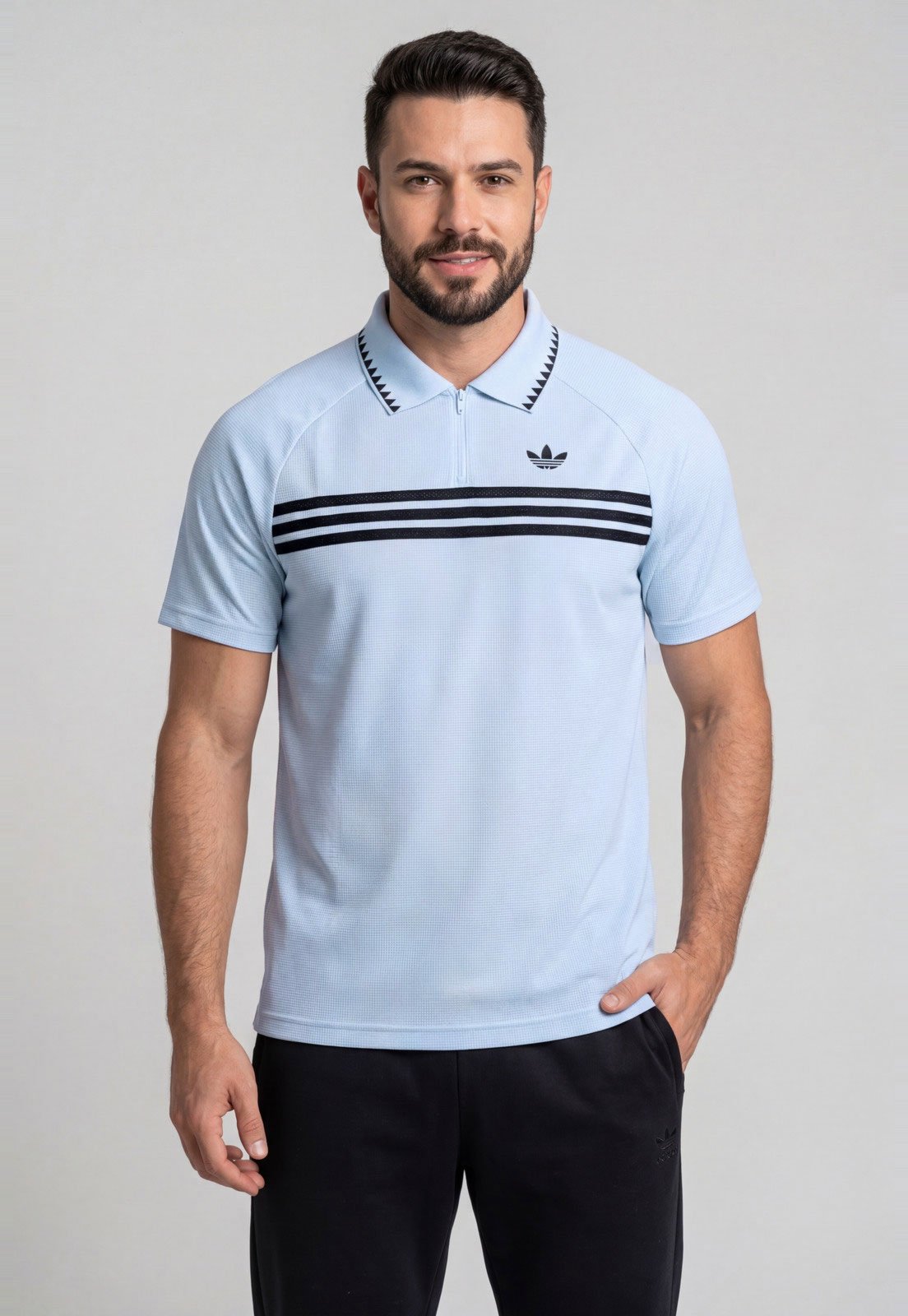 Camiseta Masculina adidas Originals Chest STR PL Zíper Listras Azul Claro