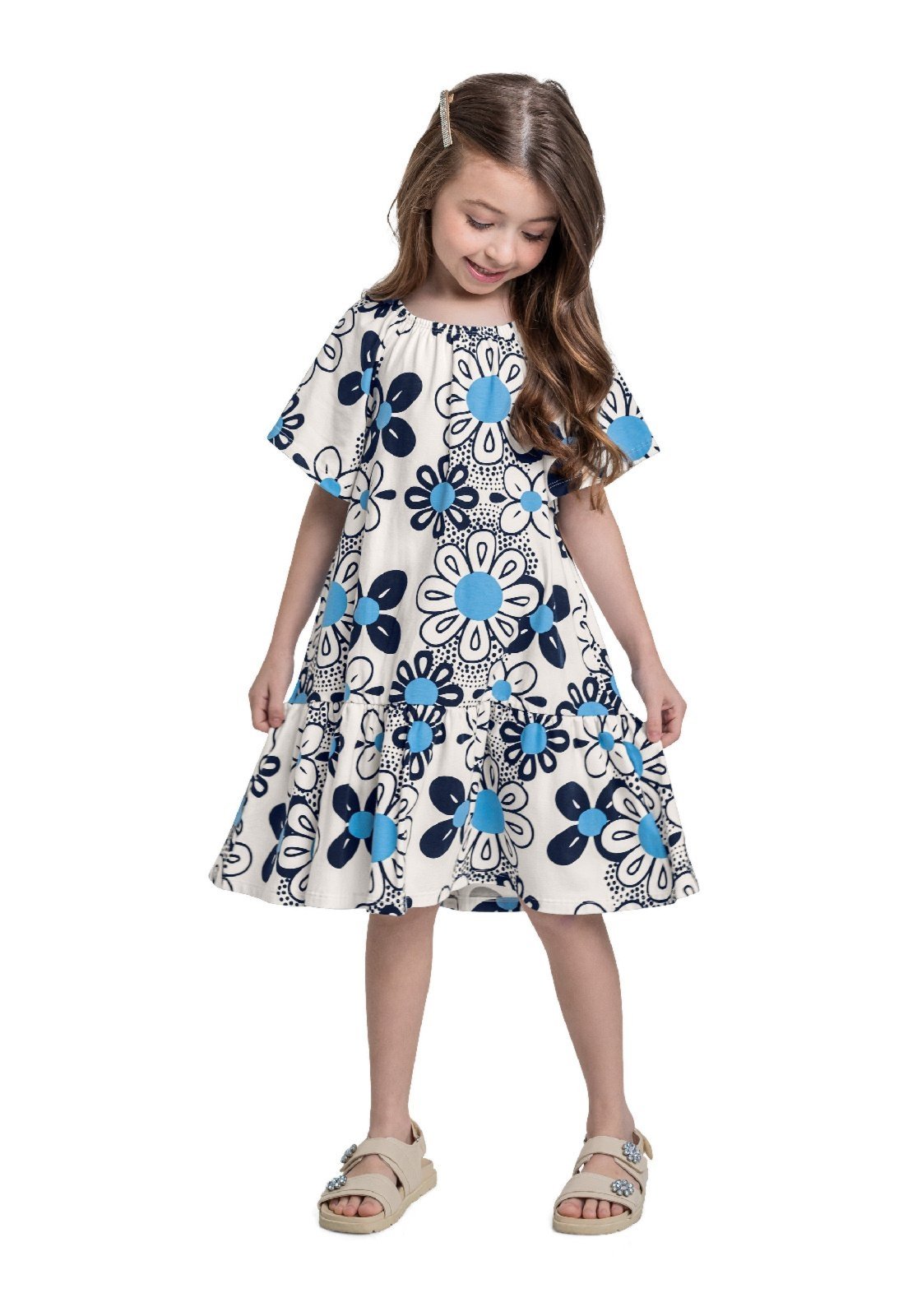 Infantil – Vestido Floral em Cotton Bee Loop Azul