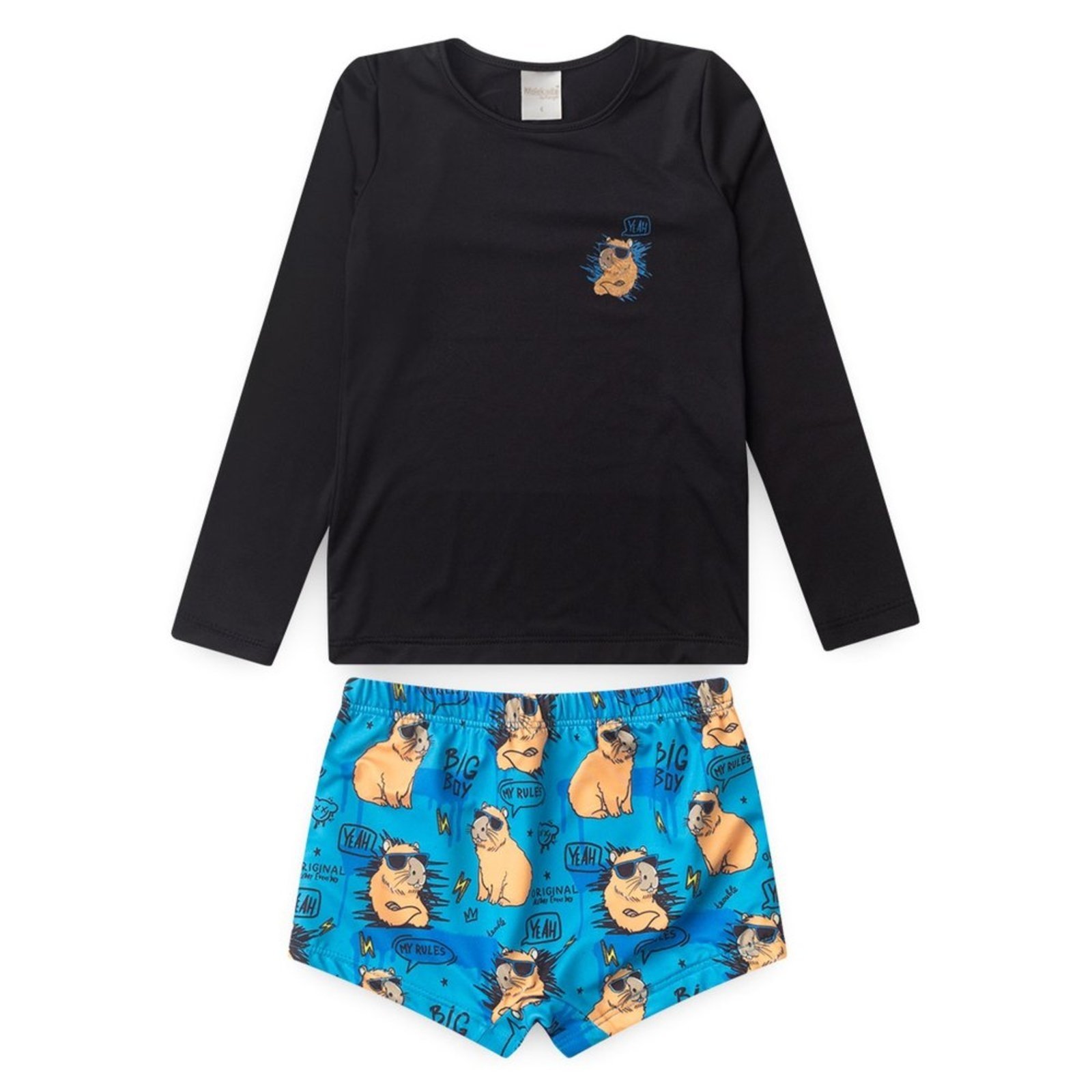 Vista 3 Conjunto Praia Menino Camiseta Manga Longa e Sunga Capivaras Molekada preto Molekada preto