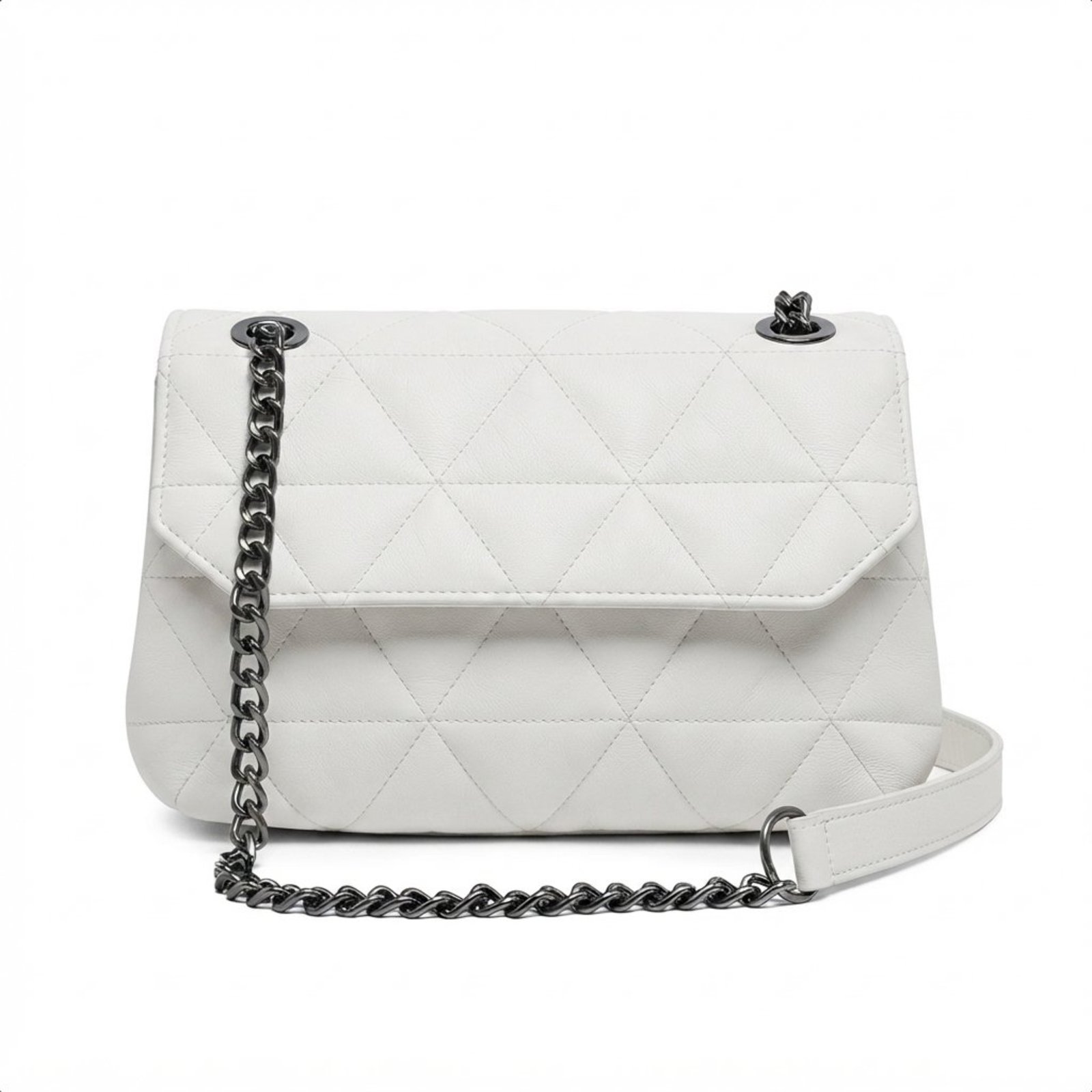 Bolsa Feminina De Couro Legitimo Branca Alça Corrente De Ombro 2 Repartições Bordada Triangulo Matelasse Moda Casula Festa Balada