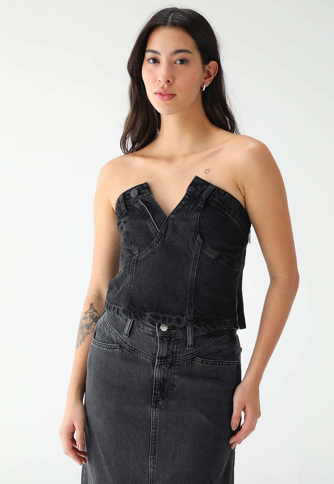 Blusa Cropped Jeans Colcci Ajustada Recortes Preta