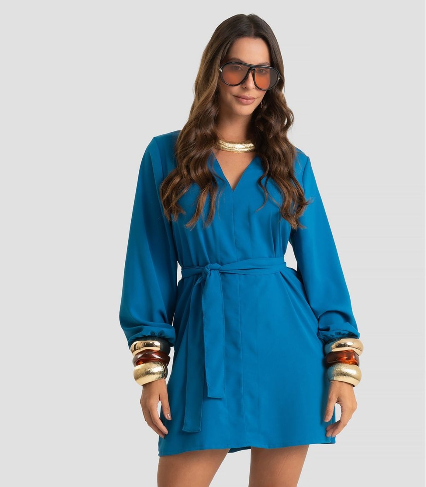 Vestido Curto Feminino Twill cey Com Cinto Dianna Azul