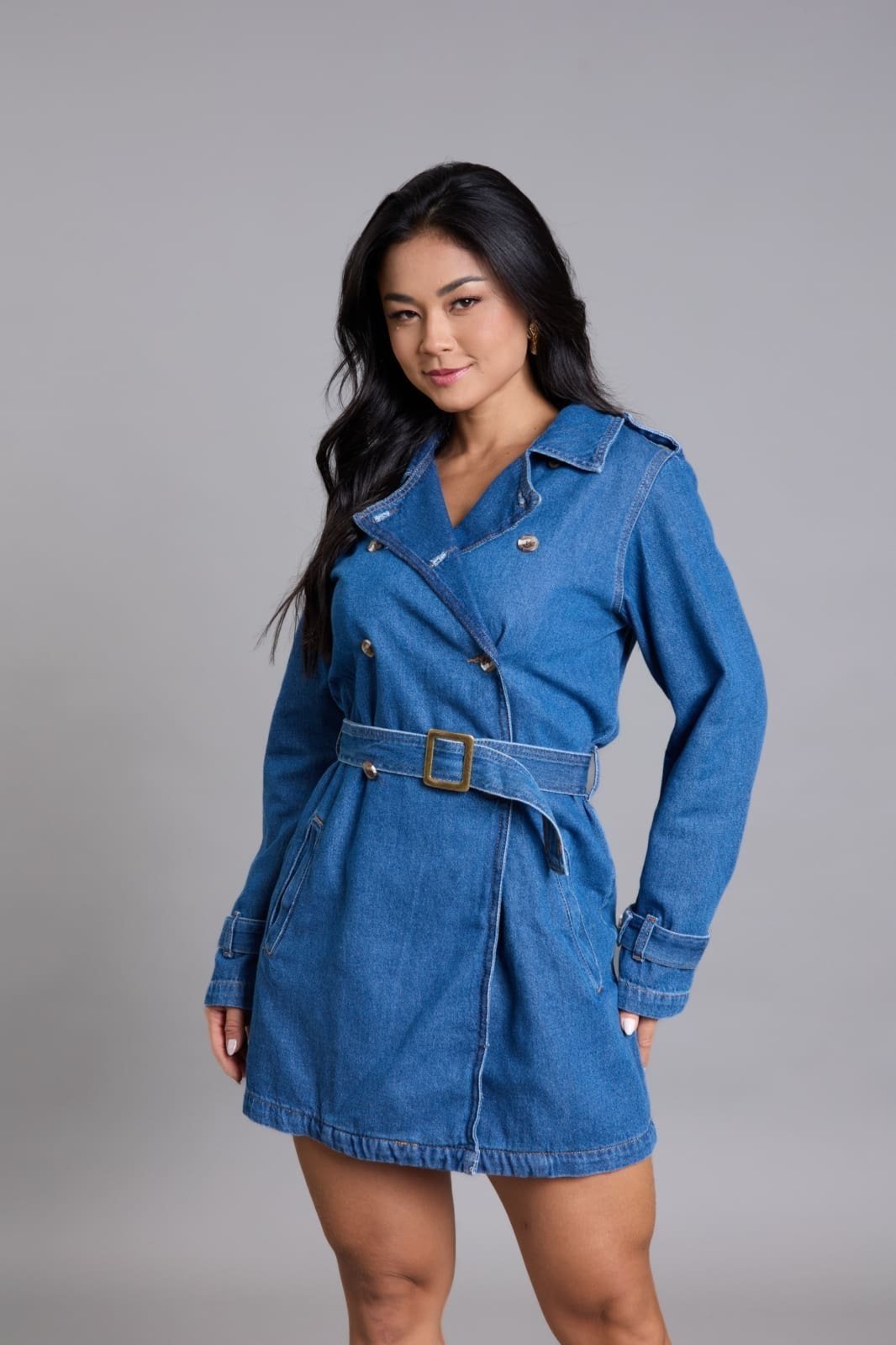 Jaqueta Trench Coat Jeans Feminina Com Cinto Dialogo Jeans Azul
