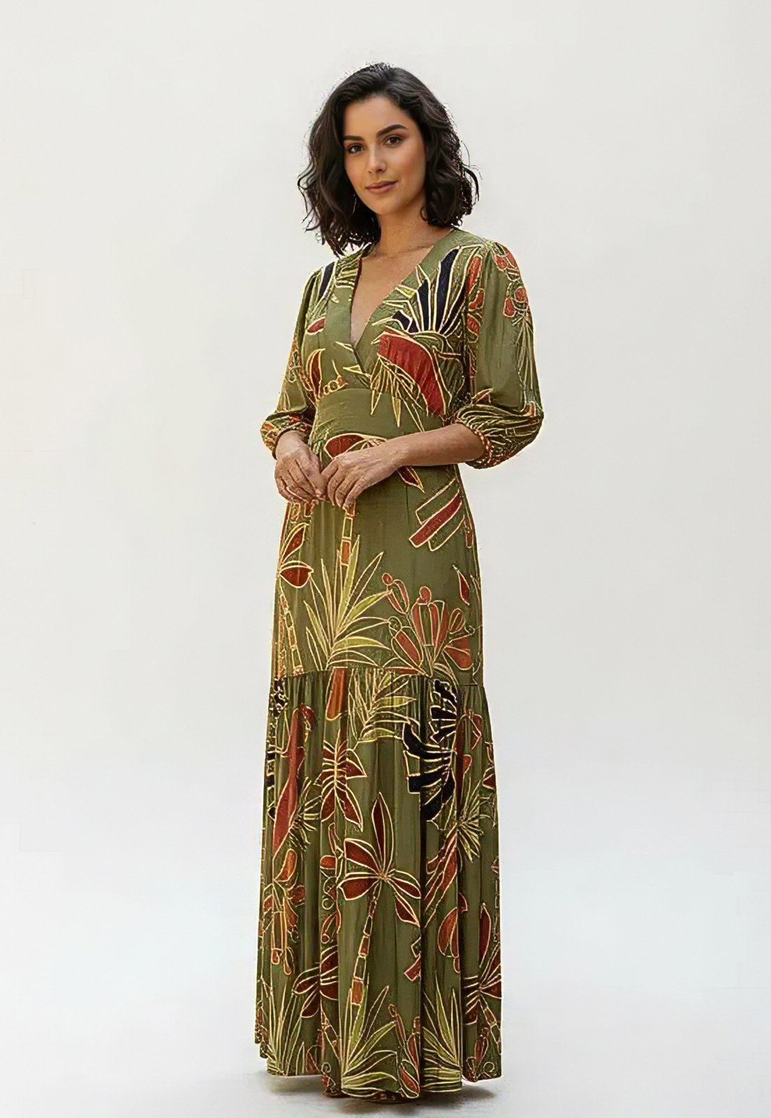 Vista 2 Vestido CabanaFree Longo Selva Nobre Manga 3/4 Estampa Folhas da Terra Cabanafree estampado/verde