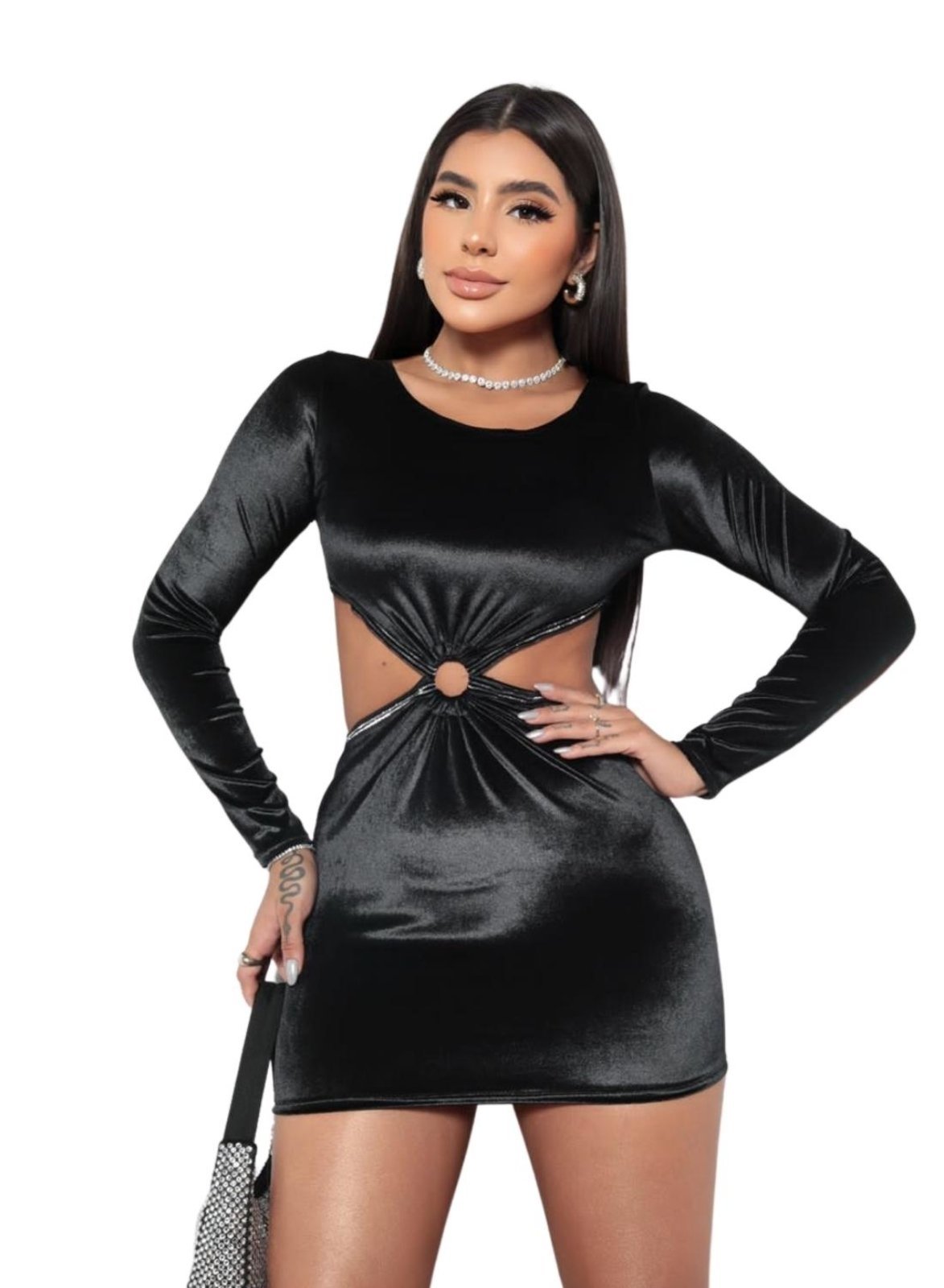 Vestido Veludo Abertura Curto Manga Longa Preto