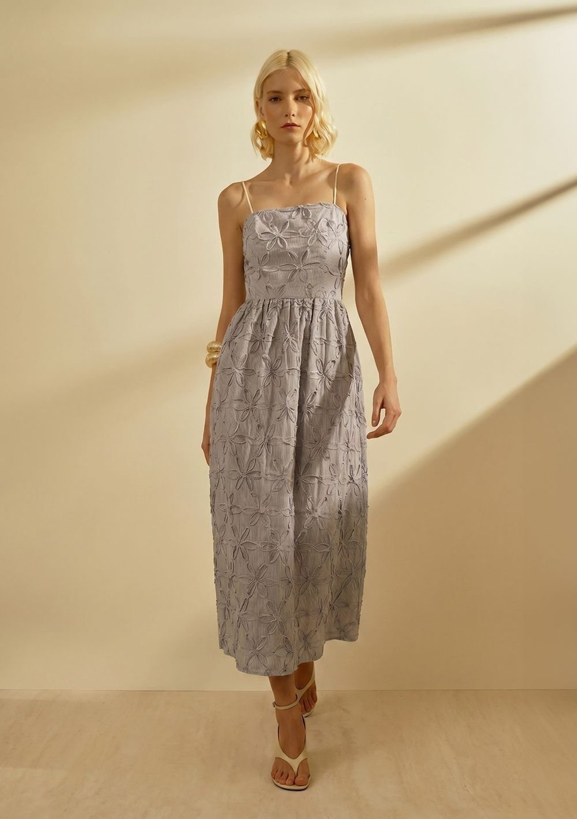 Vestido Iódice Solto Decote Reto Com Alça Midi - Azul Marinho