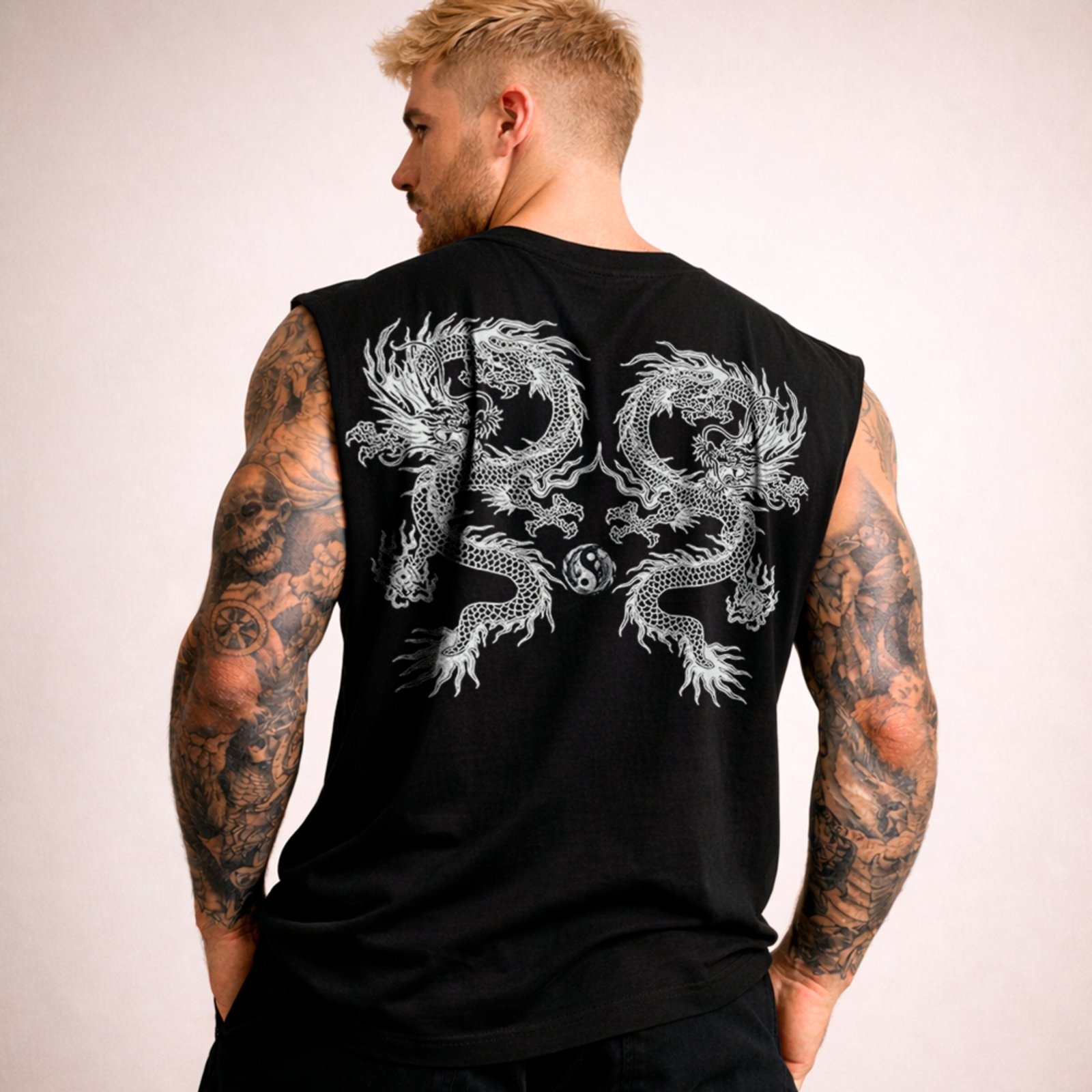 Camiseta Regata Machão Japão Dragões Yin Yang Street Preto