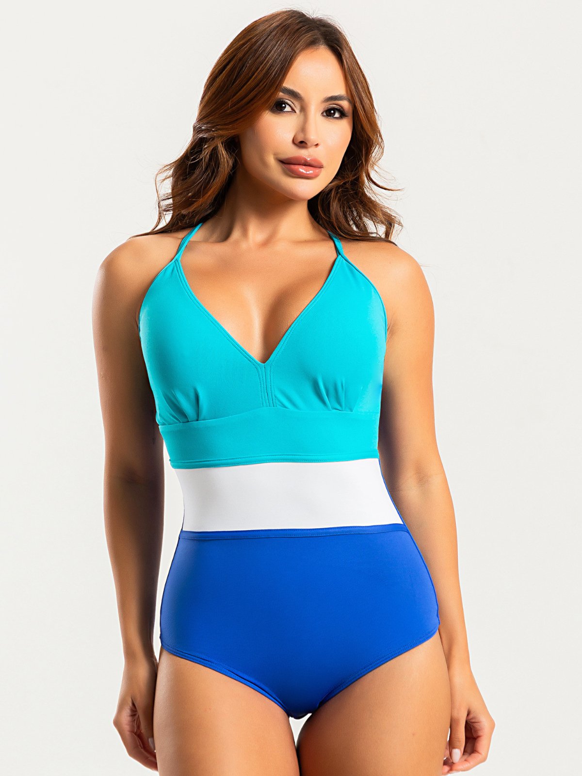 Maiô Modelador Orla da Praia Frente Única com Bojo Cortinão Discreto Tricolor Azul Royal