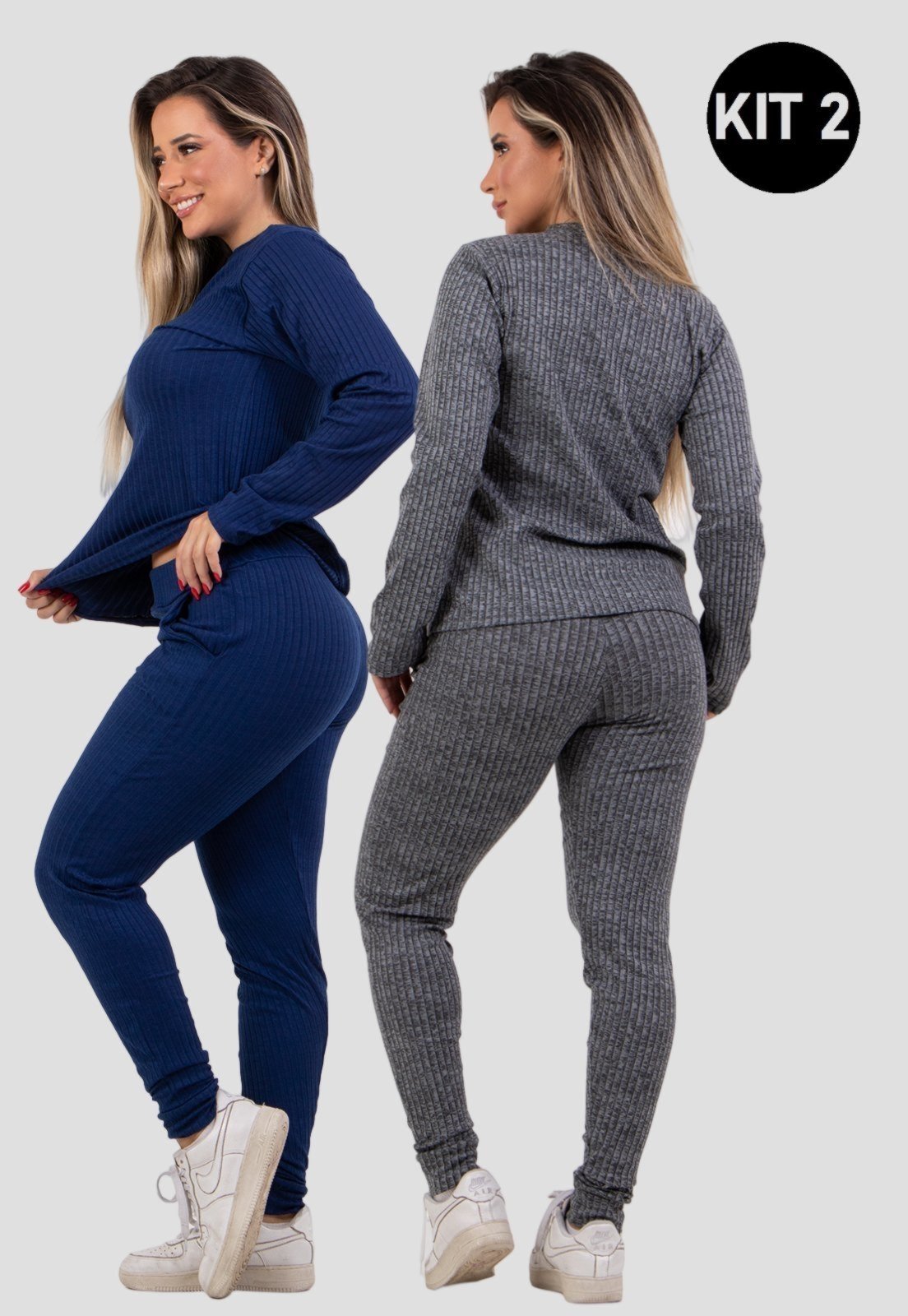 Kit 2 Conjuntos Canelado 4 Estações Manga Longa Blusa Canelada Calça Jogger Cintura Alta Liso Azul Marinho/Cinza
