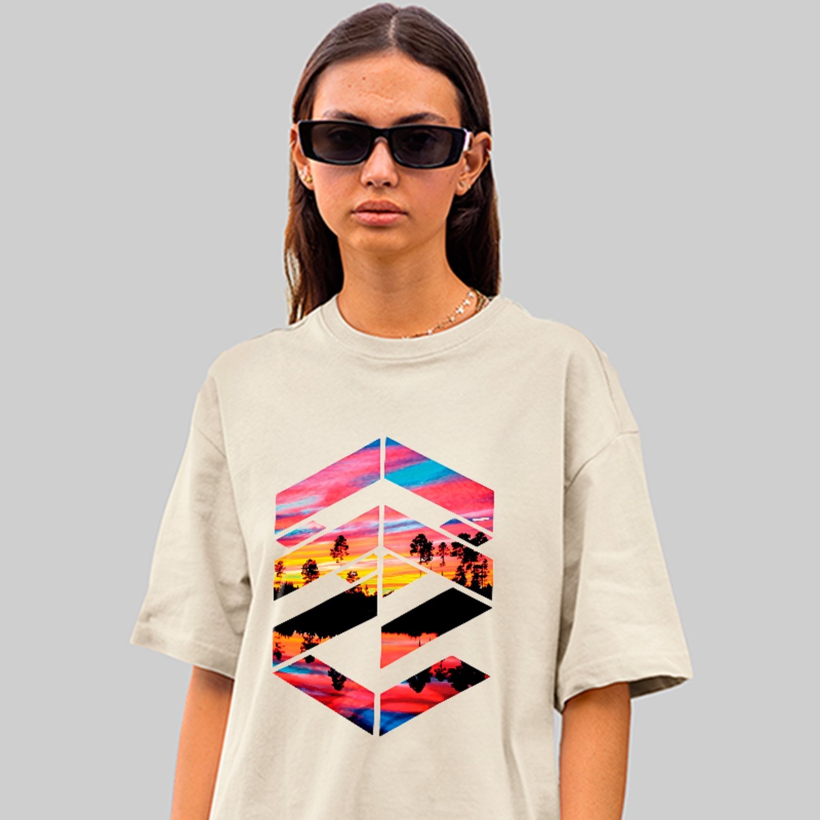 Camiseta Oversized Premium Sunset Landscape Streetwear Unissex Off White