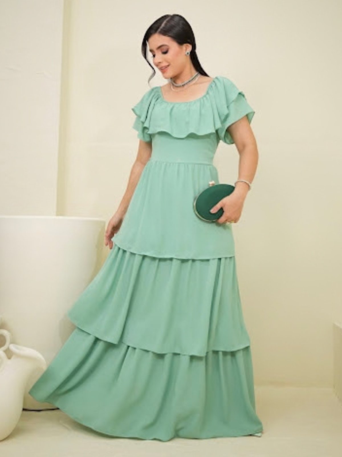 Vestido Longo Feminino Evangélico Elegante com Babados Verde claro