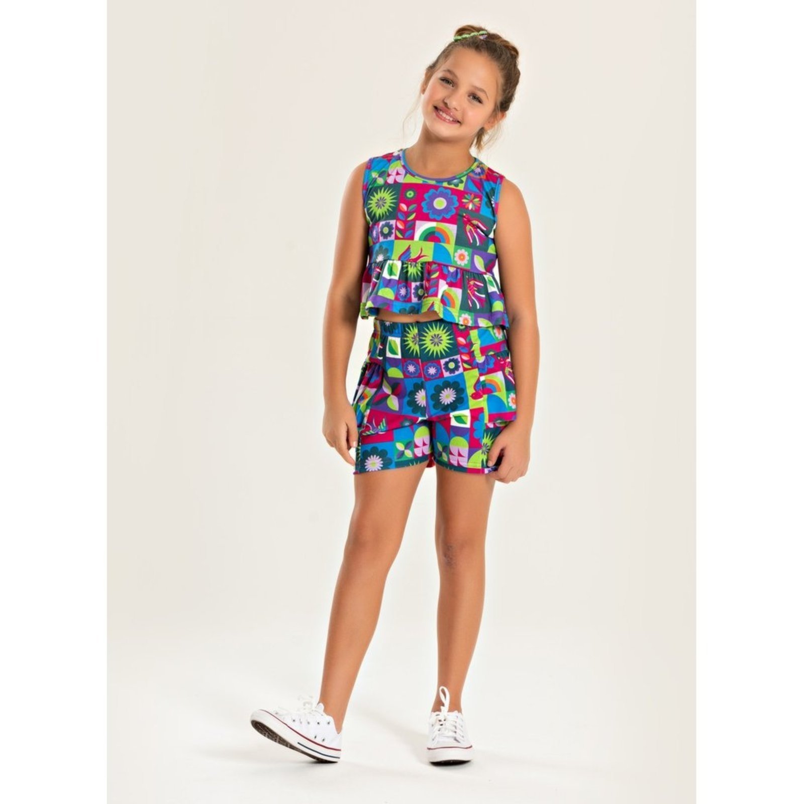 Infantil – Conjunto Molekada Verão Menina Pink Cropped Regata e Shorts Com Babado Mosaico de Flores